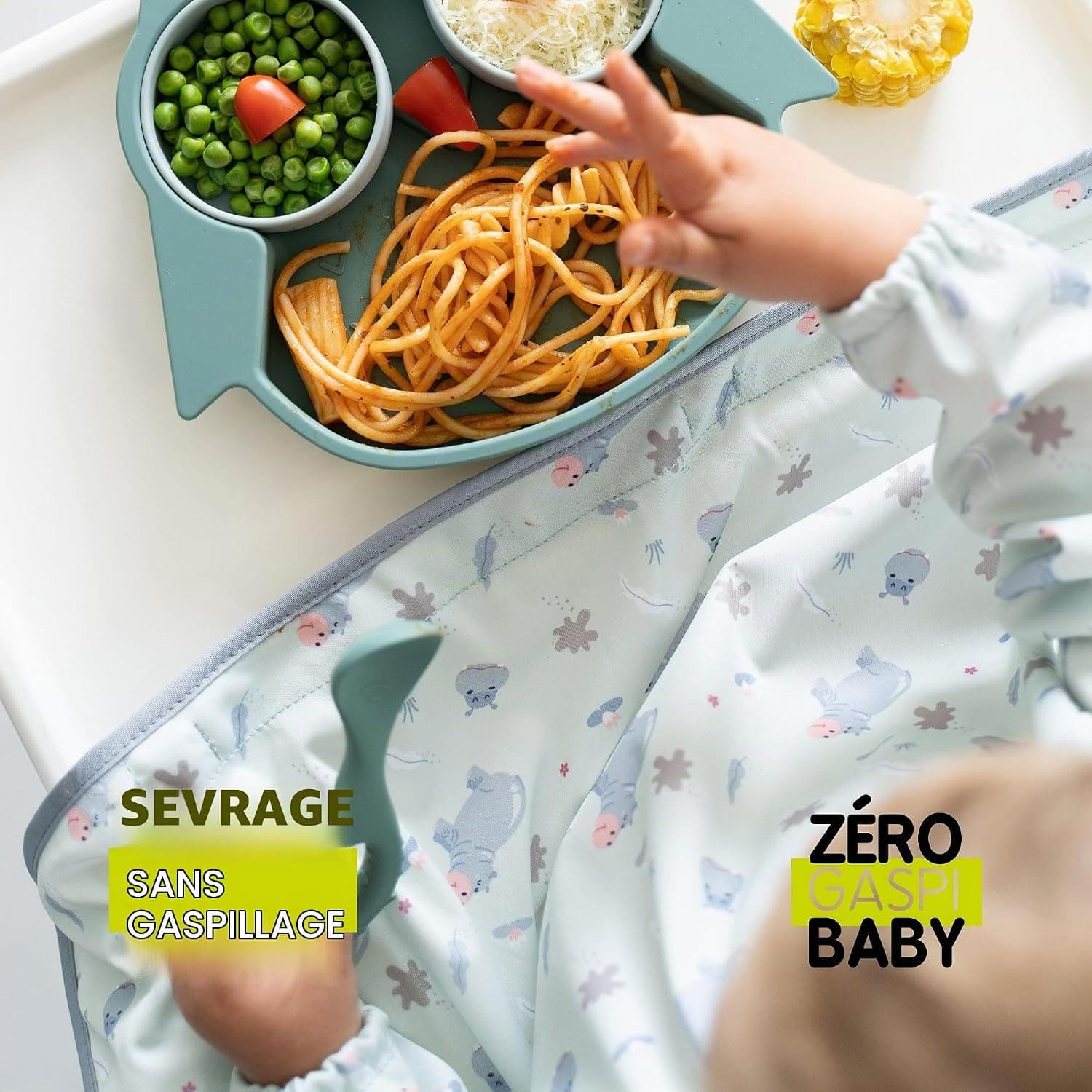 Tidy Tot®TM Cover & CatchTM Bavoir couvrant pour bébé. Bavoir d'alimentation avec manches. Se fixe sur les chaises hautes. Bavoirs à manches. Bavoirs DME pour chaise haute de nourrisson, bébé et enfant.