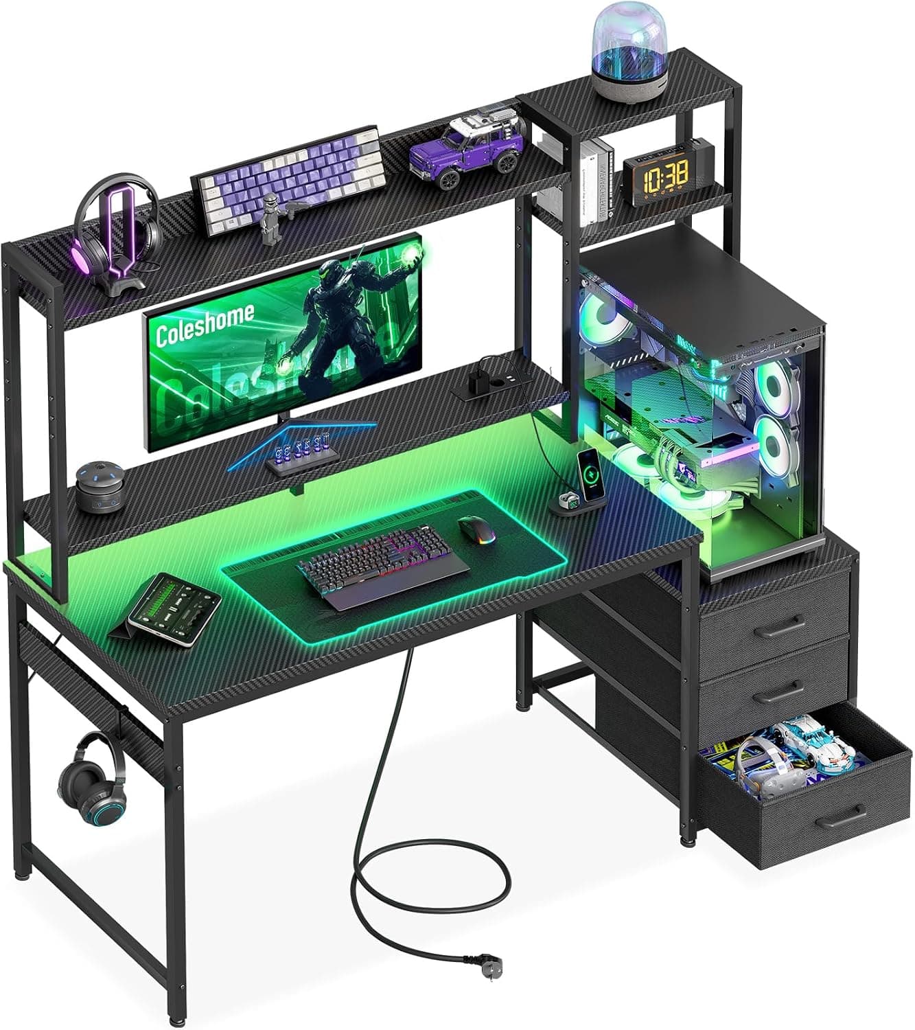 Coleshome Bureau Gaming avec Étagère et Tiroirs, 120x48cm, Carbone Noir