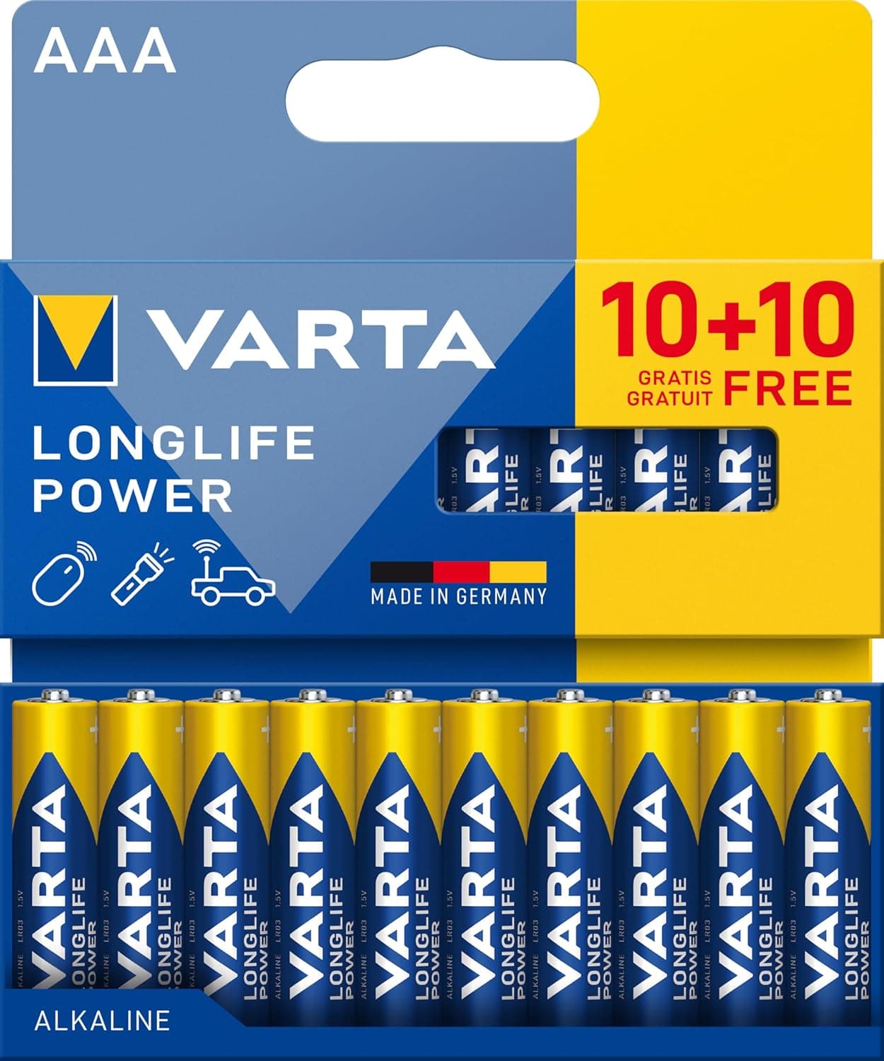 VARTA Piles AAA, 10+10 (lot de 20), Longlife Power, Alcalines, 1,5V, emballage recyclé à 90%, adaptées aux jouets, souris sans fil, lampes de poche, Made in Germany | pile AAA LR03, Made in Germany, conservation jusqu'à 10 ans, pour console de jeux, brosse à dents, souris ou manette