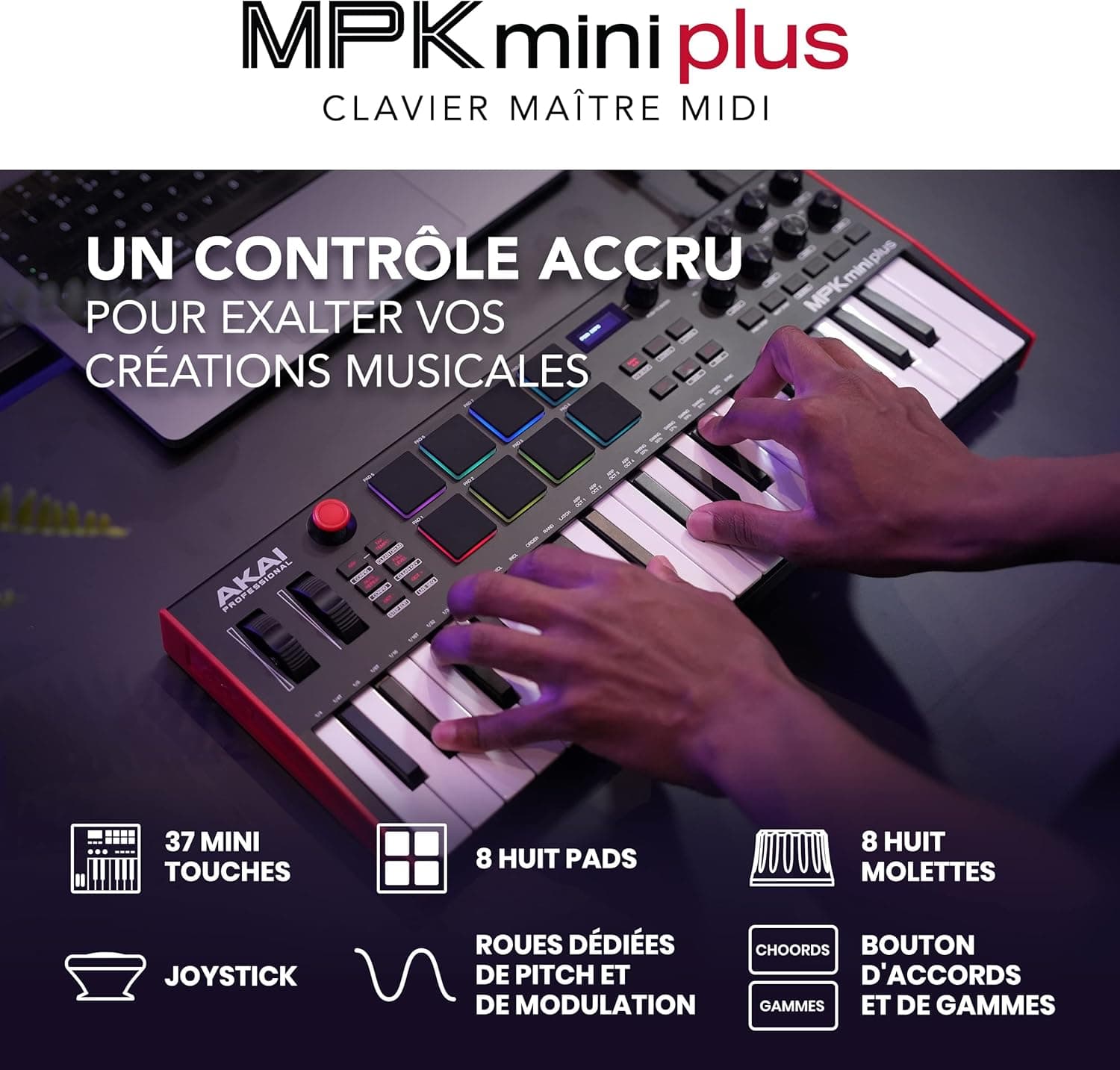 Akai Professional MPK Mini Plus Clavier MIDI USB 37 Touches | Touches Mini Sensibles à la Vélocité, 8 Pads MPC, Séquenceur 64 Pas, E/S MIDI/CV/Gate, Logiciels Inclus, pour Beatmakers