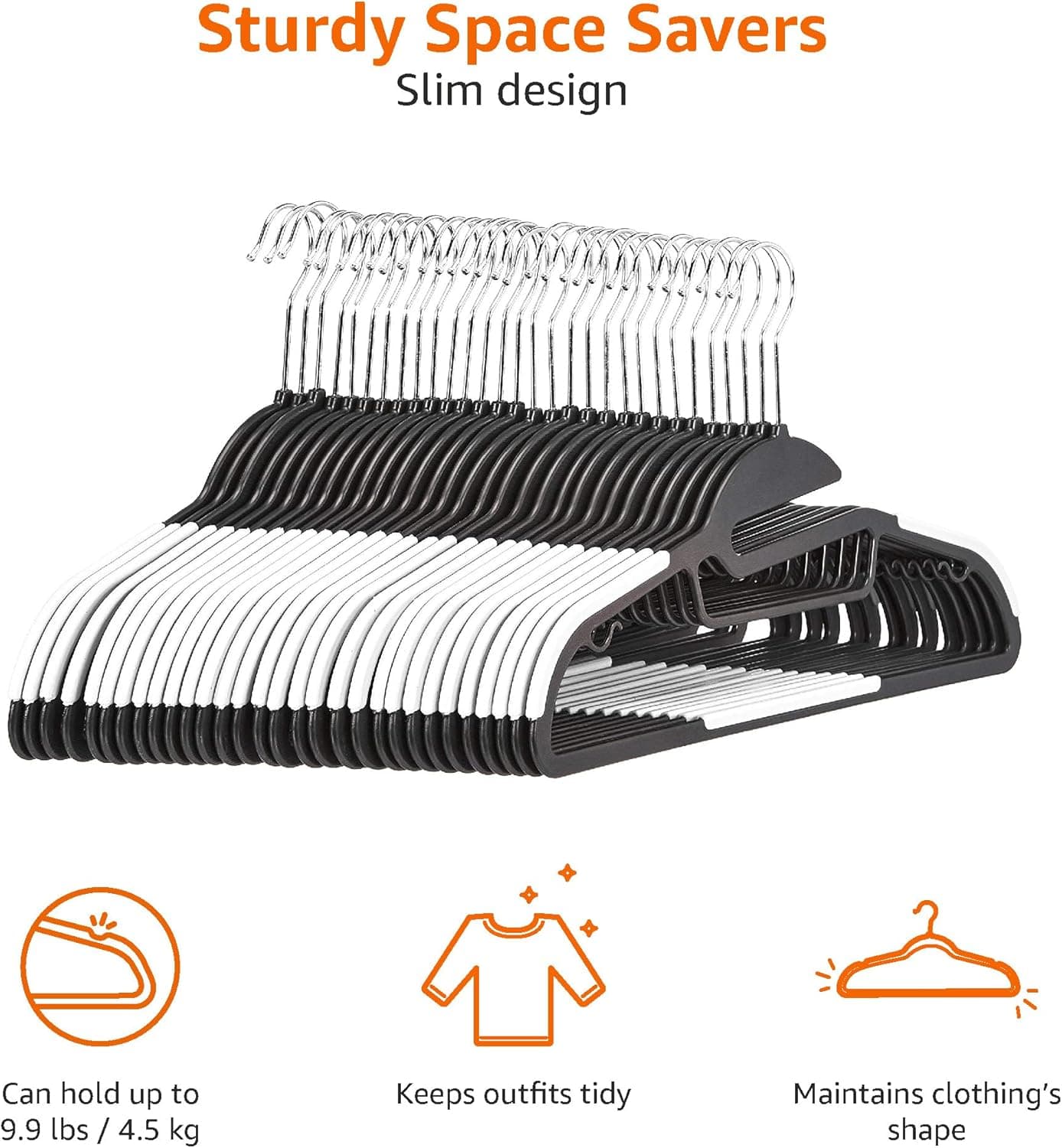 Amazon Basics Lot de 30 cintres en plastique ultra robustes antidérapants avec caoutchouc et barre horizontale Blanc, 30-pack