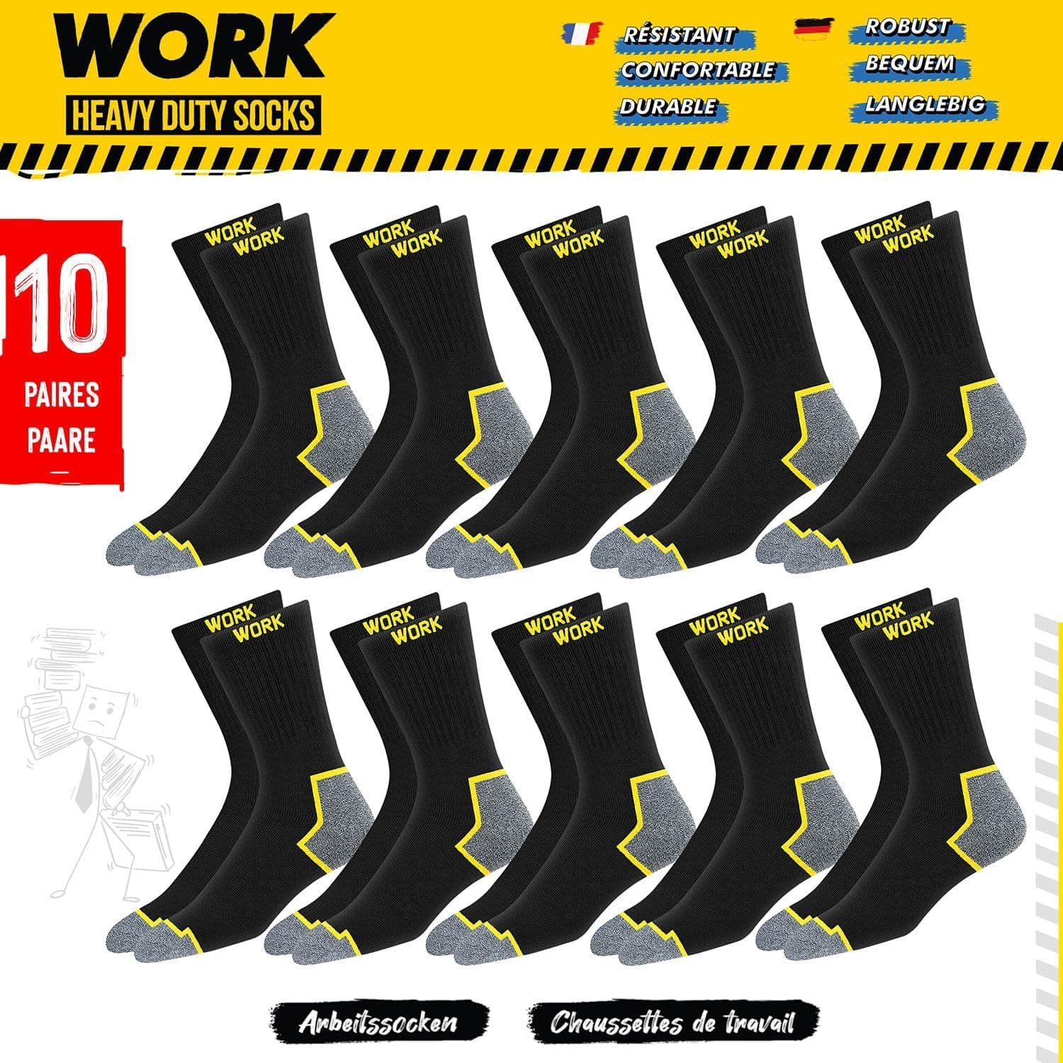SOXCO 10 Paires Chaussettes de travail noires homme, mi-mollet | Technologie DRI-WIK d’évacuation de l’humidité | Ultra douce et coussinée | Talon et pointe renforcés | WORK Socks Lot de 6/10 paires