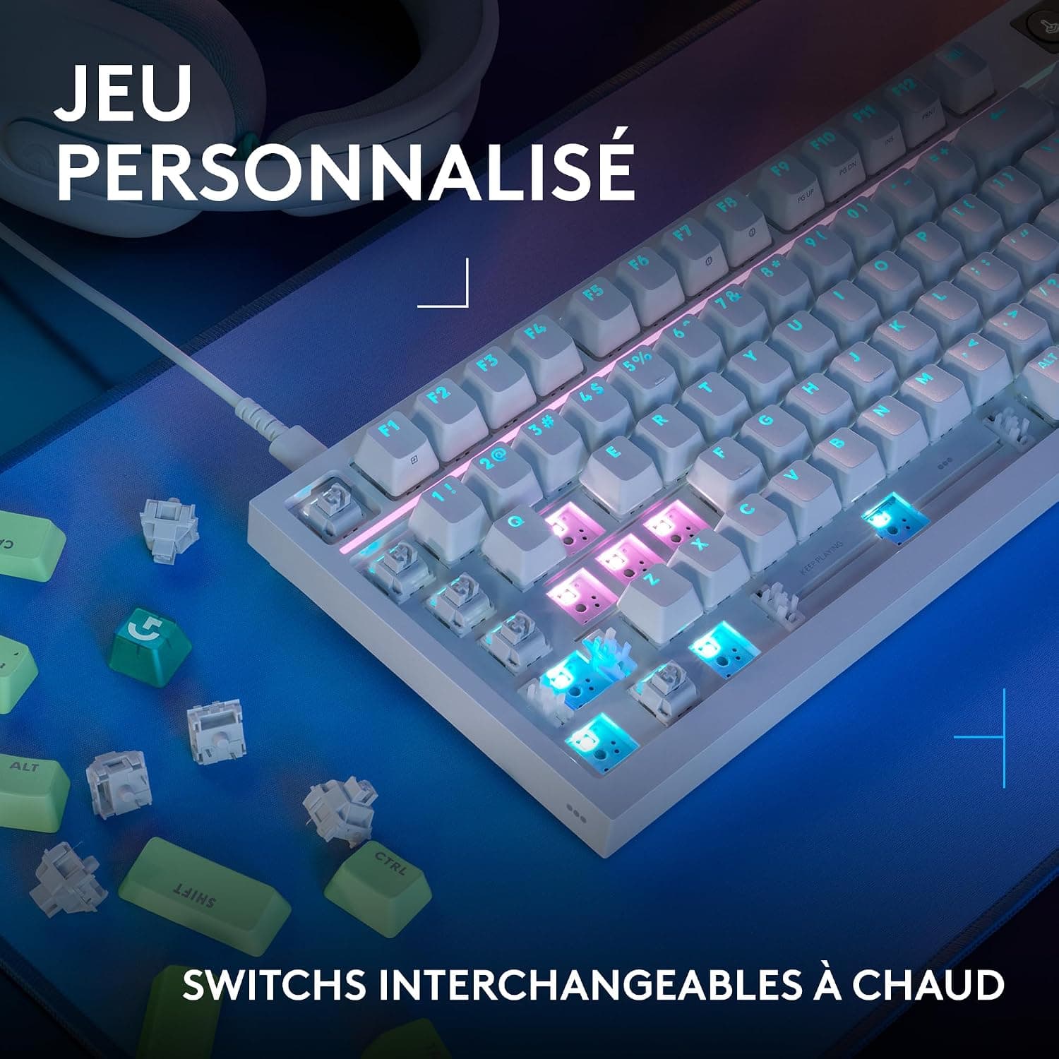 Logitech G G316 X 98, Clavier Gaming | 8 kHz, switchs tactiles hot-swap, structure joint, LED & molette, touches PBT, USB-C, RVB LIGHTSYNC, PC, FRA AZERTY - Blanc