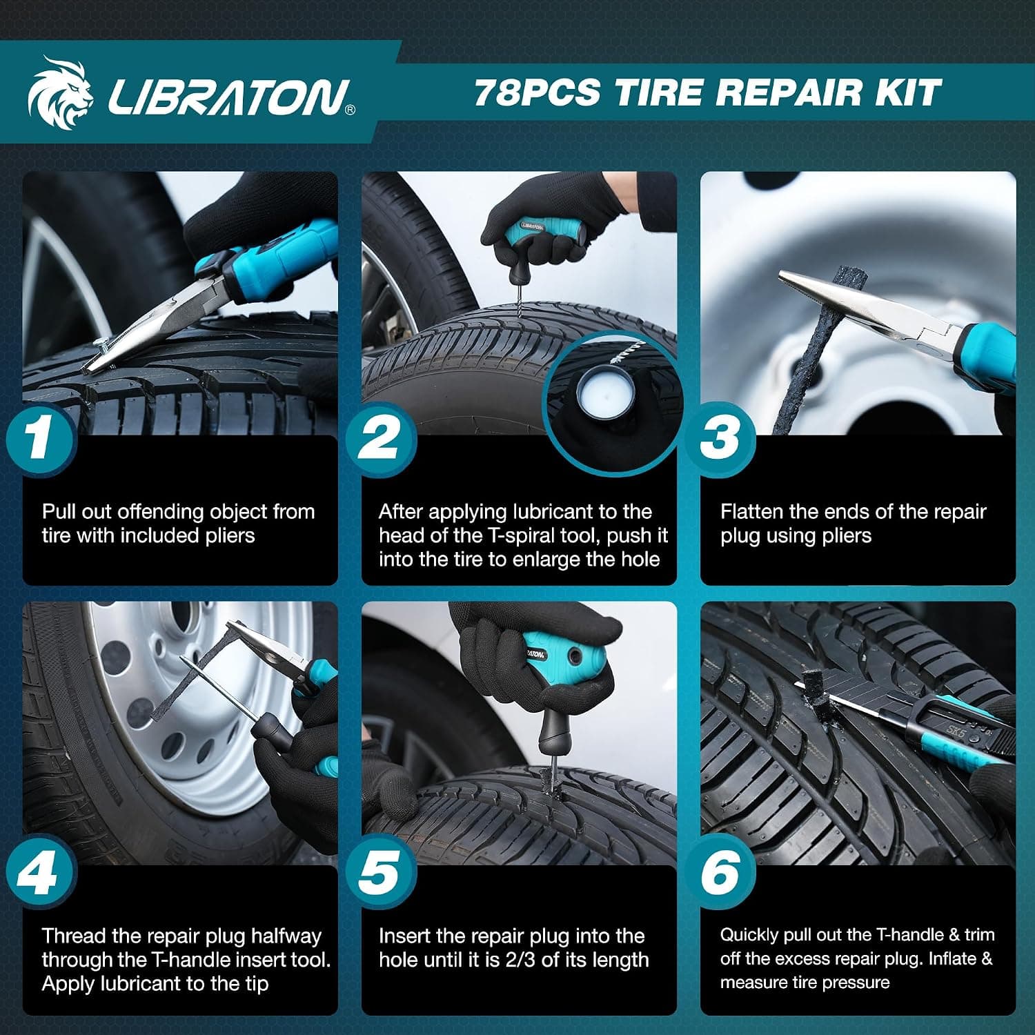 LIBRATON Meche Pneu Crevaison, 78PCS Kit Reparation Pneu Voiture Robuste
