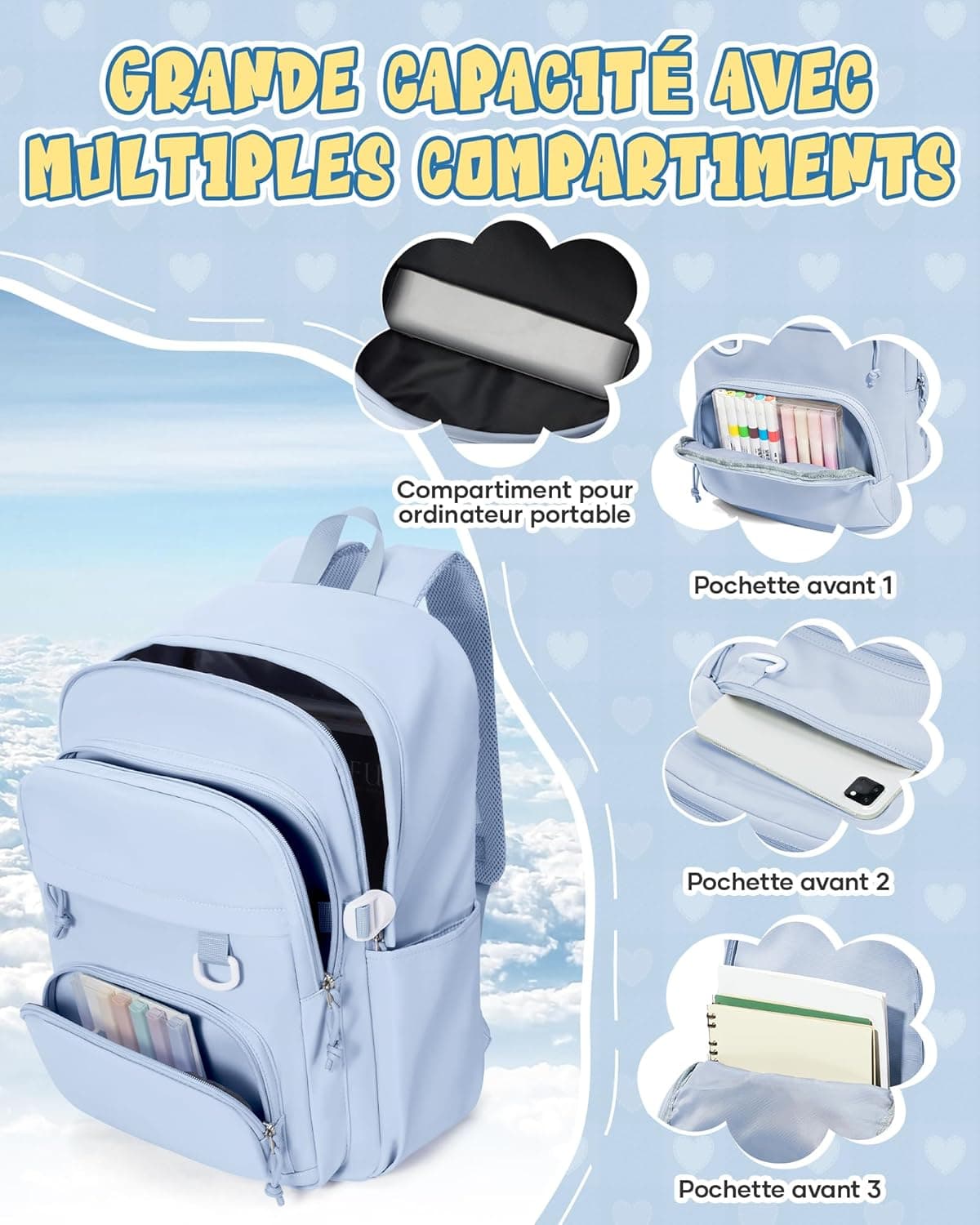 Sac à Dos College Homme Femme, Résistant Cartable Garcon Fille, Sac à Dos Scolaire Adolescents, Sac a dos avec Multi-poches, Loisir Unisexe Zaini Backpack,Bleu