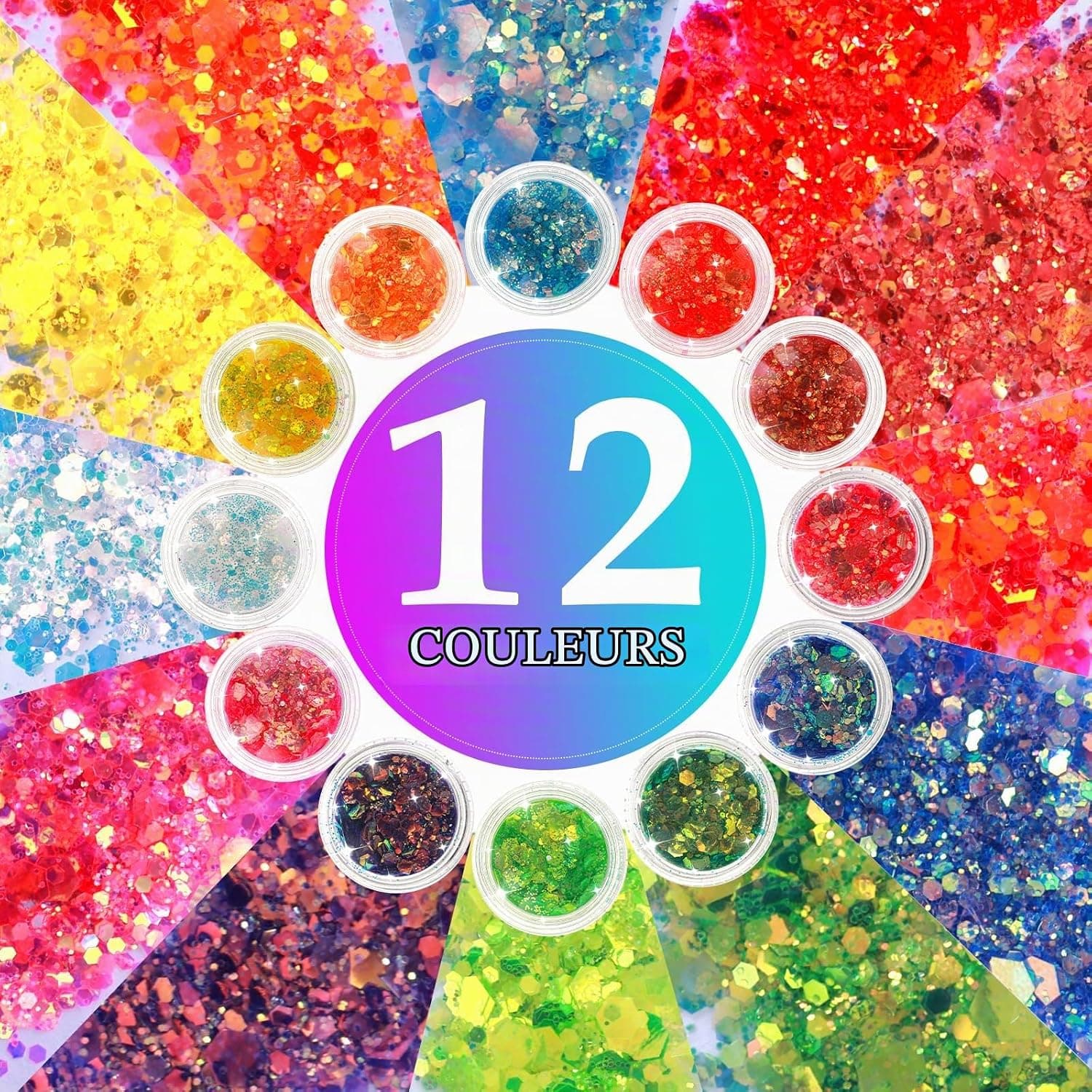 Giantree Festival Paillettes Visage avec 2 Pinceaux à Double Tête en Coton - 12 Couleurs pour Déguisement Festif, Ongles, Cheveux, Lèvres, Corps - Christmas Maquillage Glitter (Couleur 2)