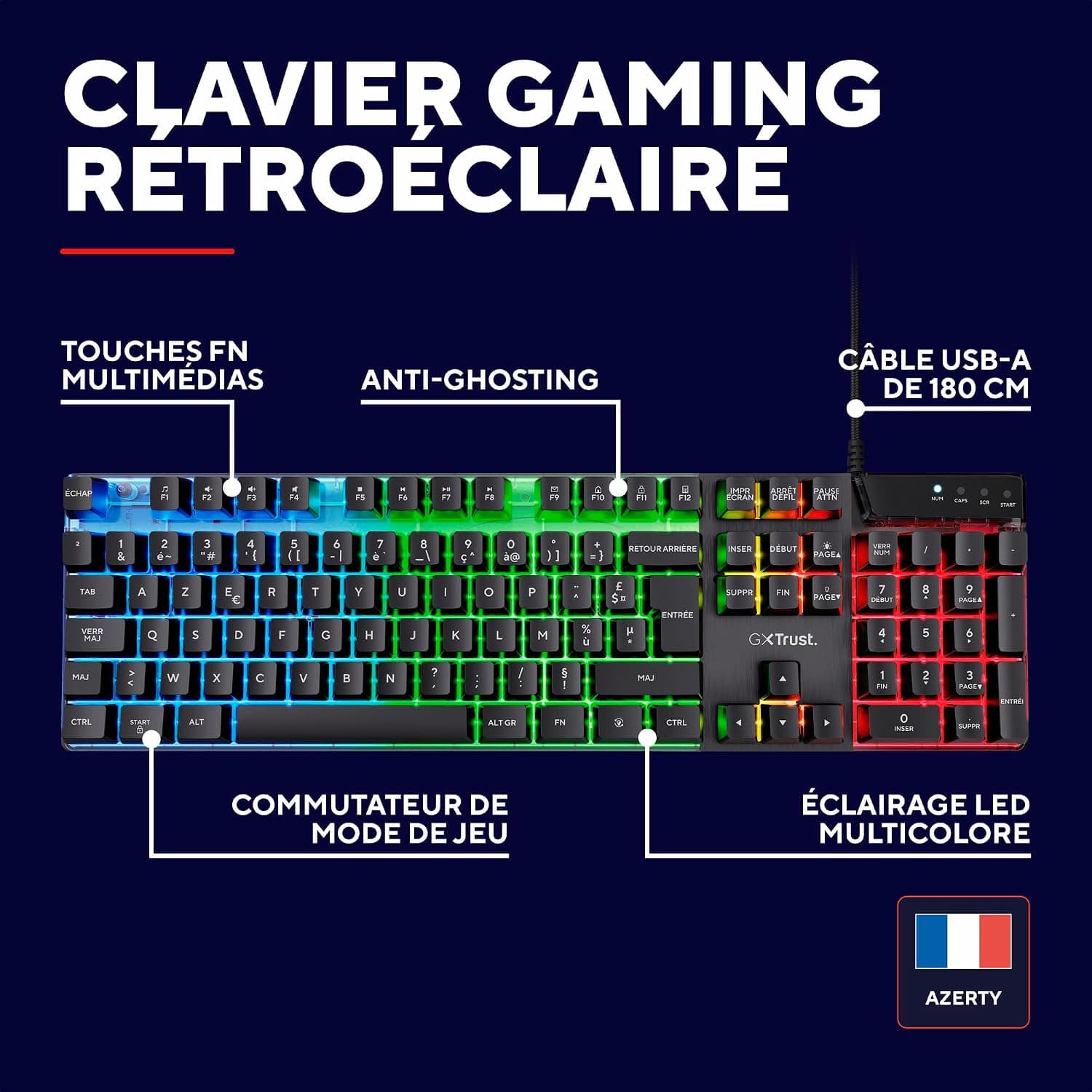 GXTrust Azor Clavier Gamer Filaire AZERTY Français, Éclairage LED, Noir | Mode Jeu, 8 Touches Anti-ghosting, Clavier Gaming à Membrane USB, LED Arc-en-Ciel, PC/Ordinateur Portable