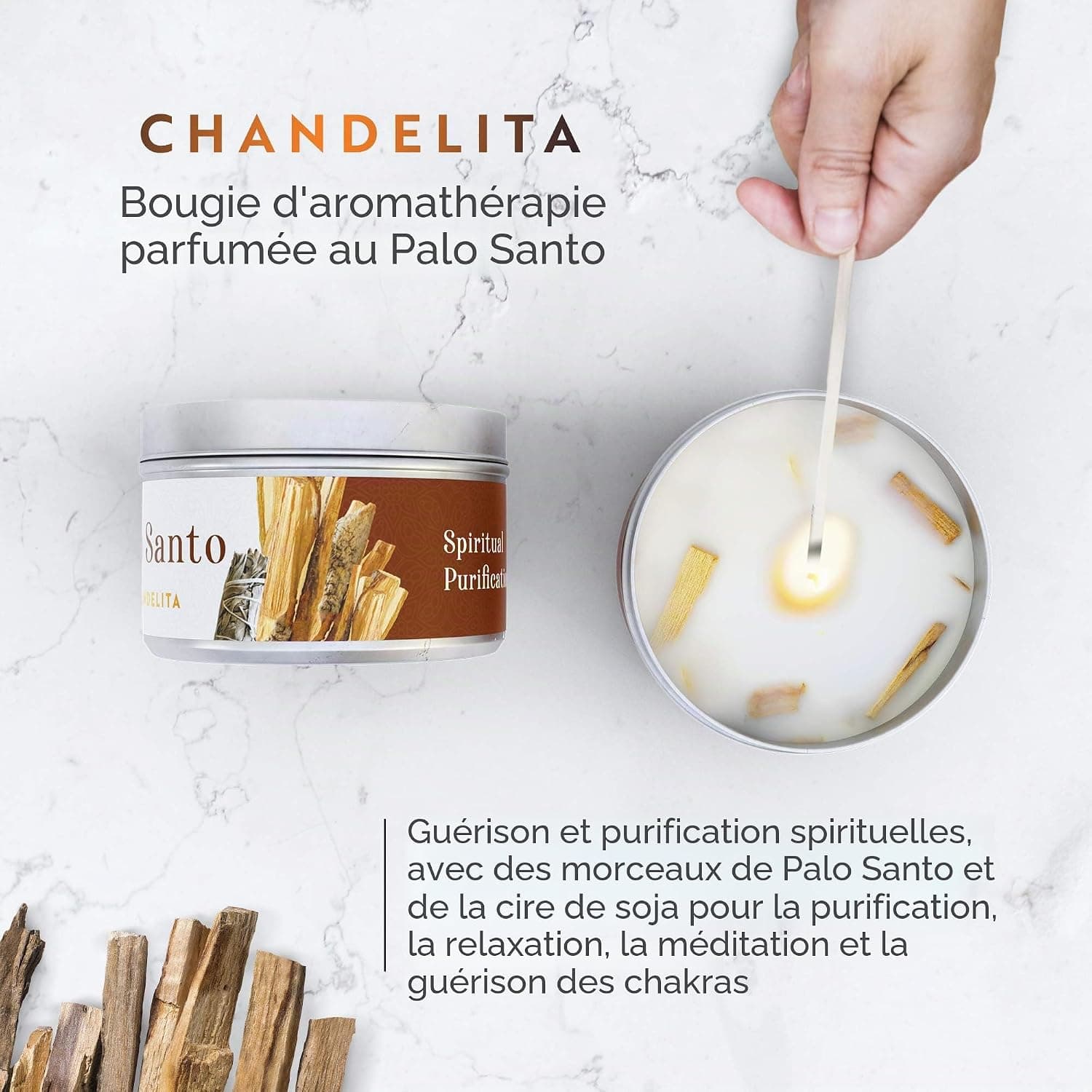 Bougie Parfumées au Palo Santo avec Cire de Soja pour Purification de l’Énergie, Nettoyage Spirituel, Relaxation, Méditation & Guérison des Chakras – Bougie Parfumée – Bougies Parfumée