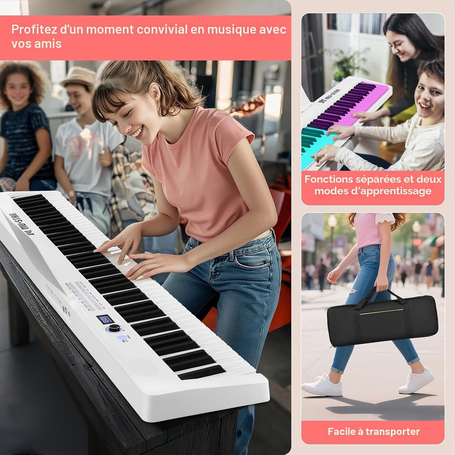MUSTAR Piano numérique pliable 88 touches avec touches éclairées, piano numérique semi-poids, piano électronique portable avec Bluetooth, MIDI, pédale de sustain, casque pour débutants, blanc