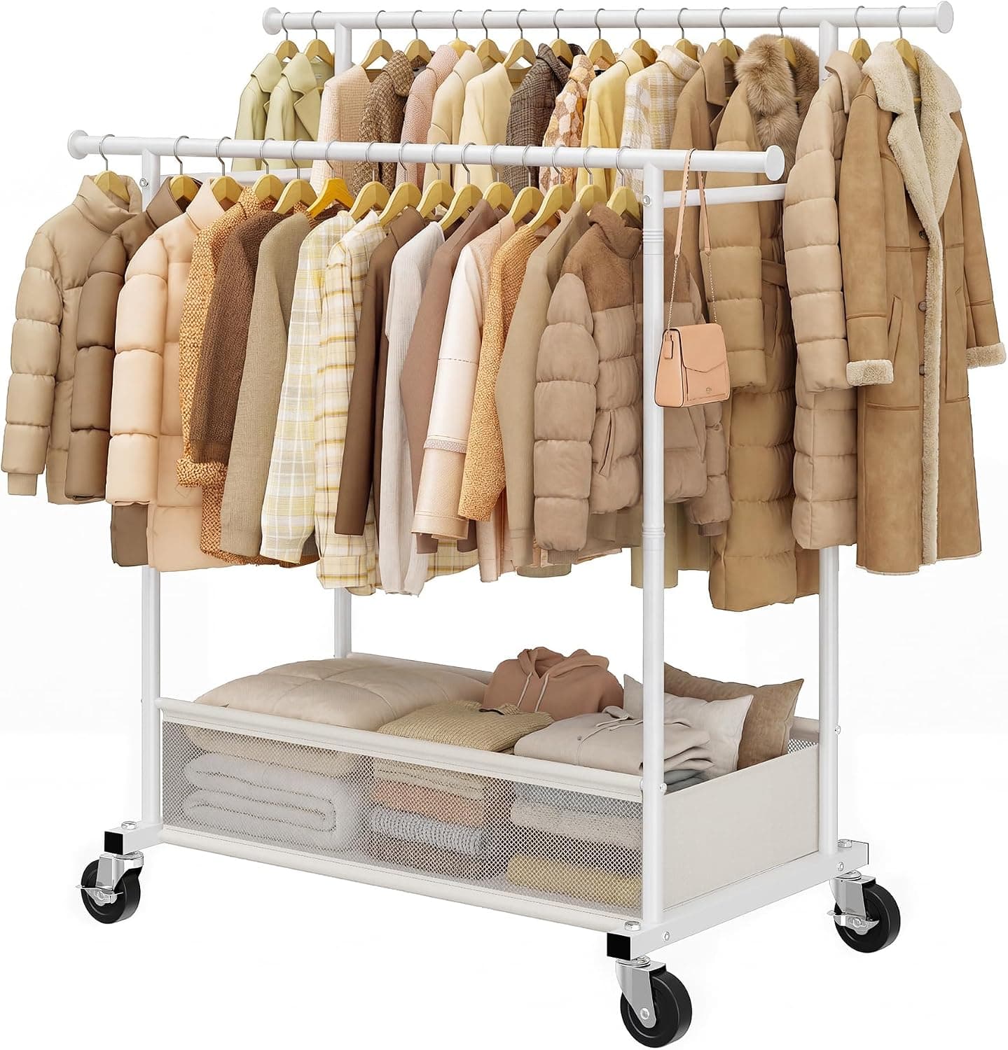110cm Double Portant Vetement à Roulettes avec 48L Panier à Linge