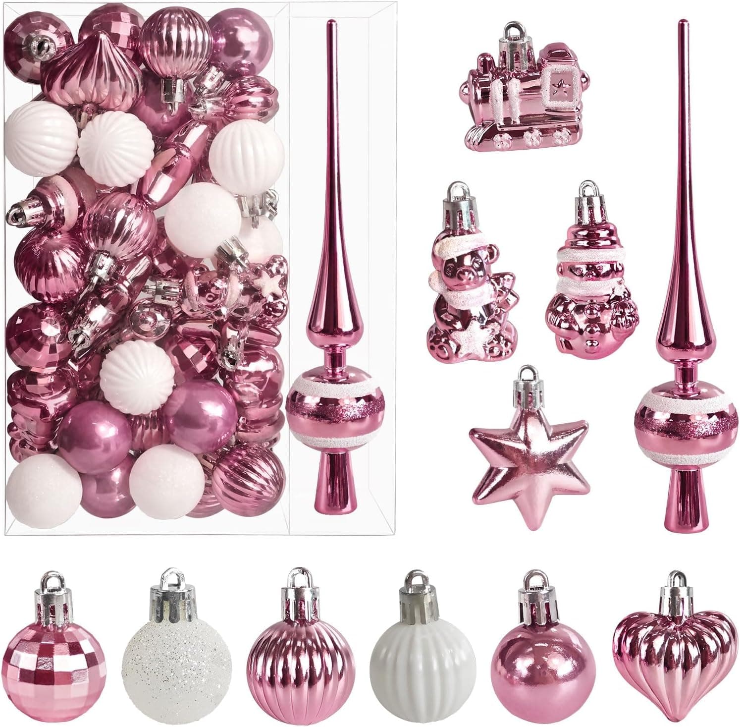 34 Boules de Noël avec Pointe d'arbre Set,Ø3/4.5/5.5cm Petites Boules de Noël en Plastique Or Rose Boules Mini Noël Décoration de Table Sapin de Noël Décoration Ornements