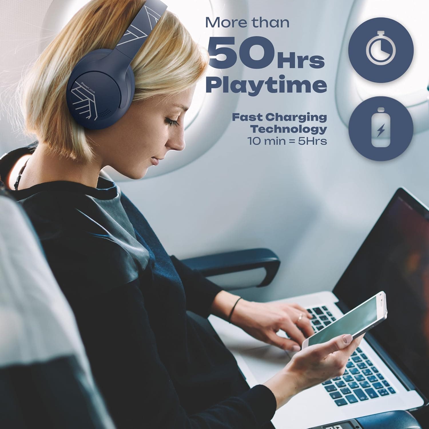 PowerLocus Casque Bluetooth sans Fil, 50 h de Jeu, Casque Audio Bluetooth 5.3 avec 4 Modes EQ, Pliable, HiFi Stereo, avec Microphone pour iPhone/Voyage/PC (Bleu)