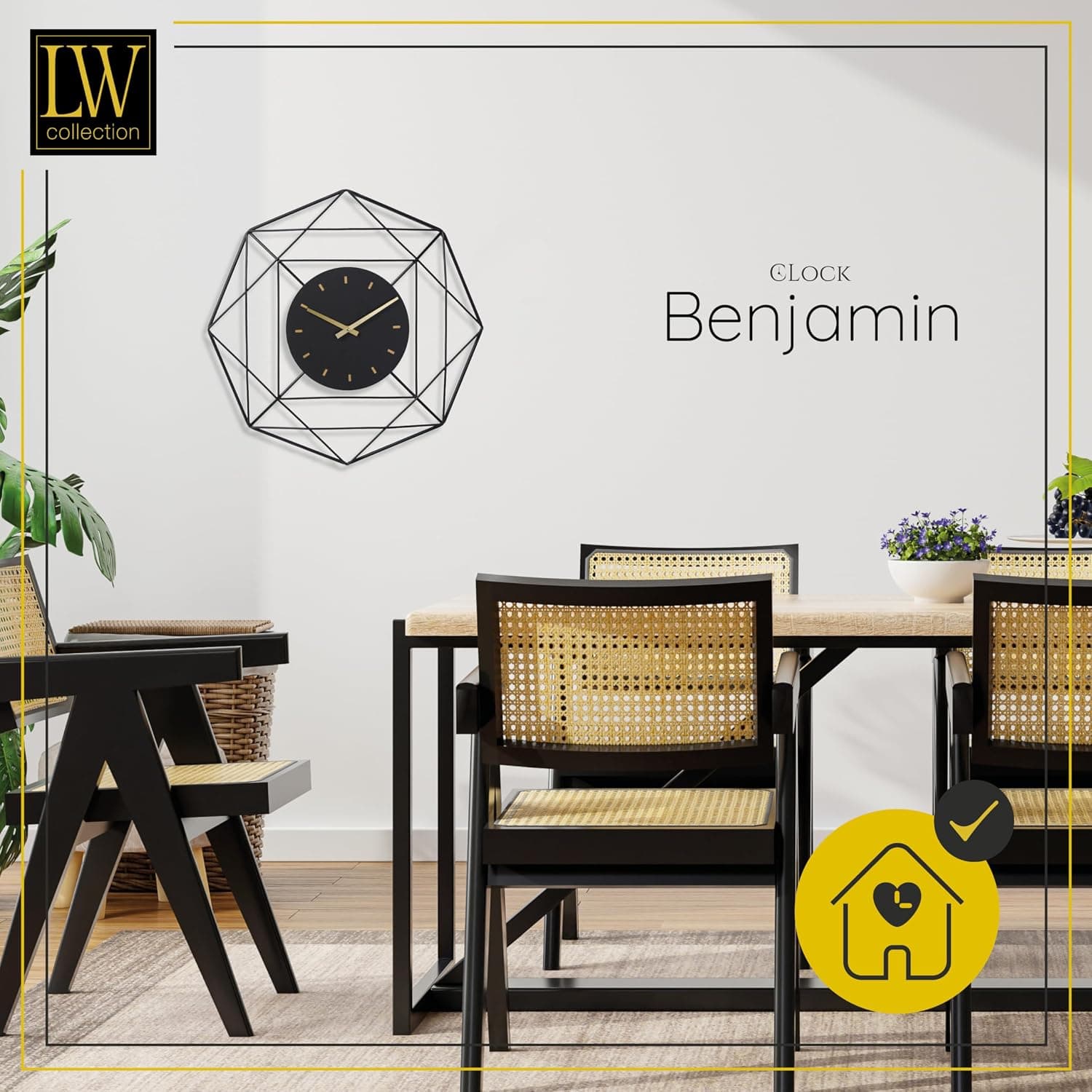 LW Collection Horloge Murale Benjamin Noir 60 cm - Grande Horloge Murale Industrielle en Métal - Horloge Murale Moderne - Mouvement Silencieux - Horloge Silencieuse