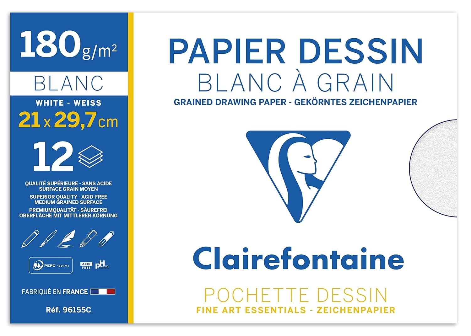 Clairefontaine 96155C Pochette 12 Feuilles Dessin à Grain A4 180g