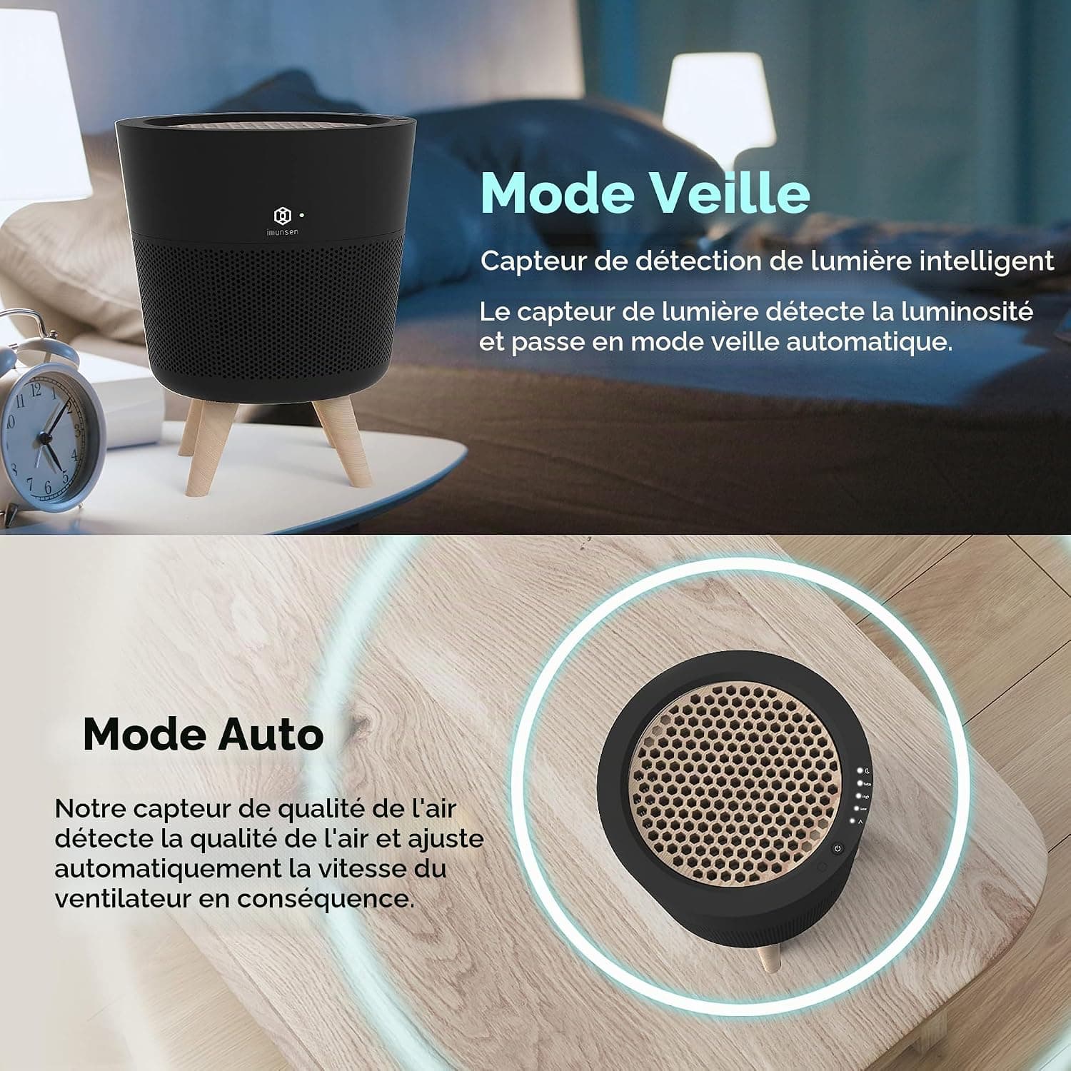 IMUNSEN M-002B Purificateur d'air avec filtre en bois de cyprès, filtre HEPA véritable H13, 100% sans ozone, Fabriqué en Corée- Noir