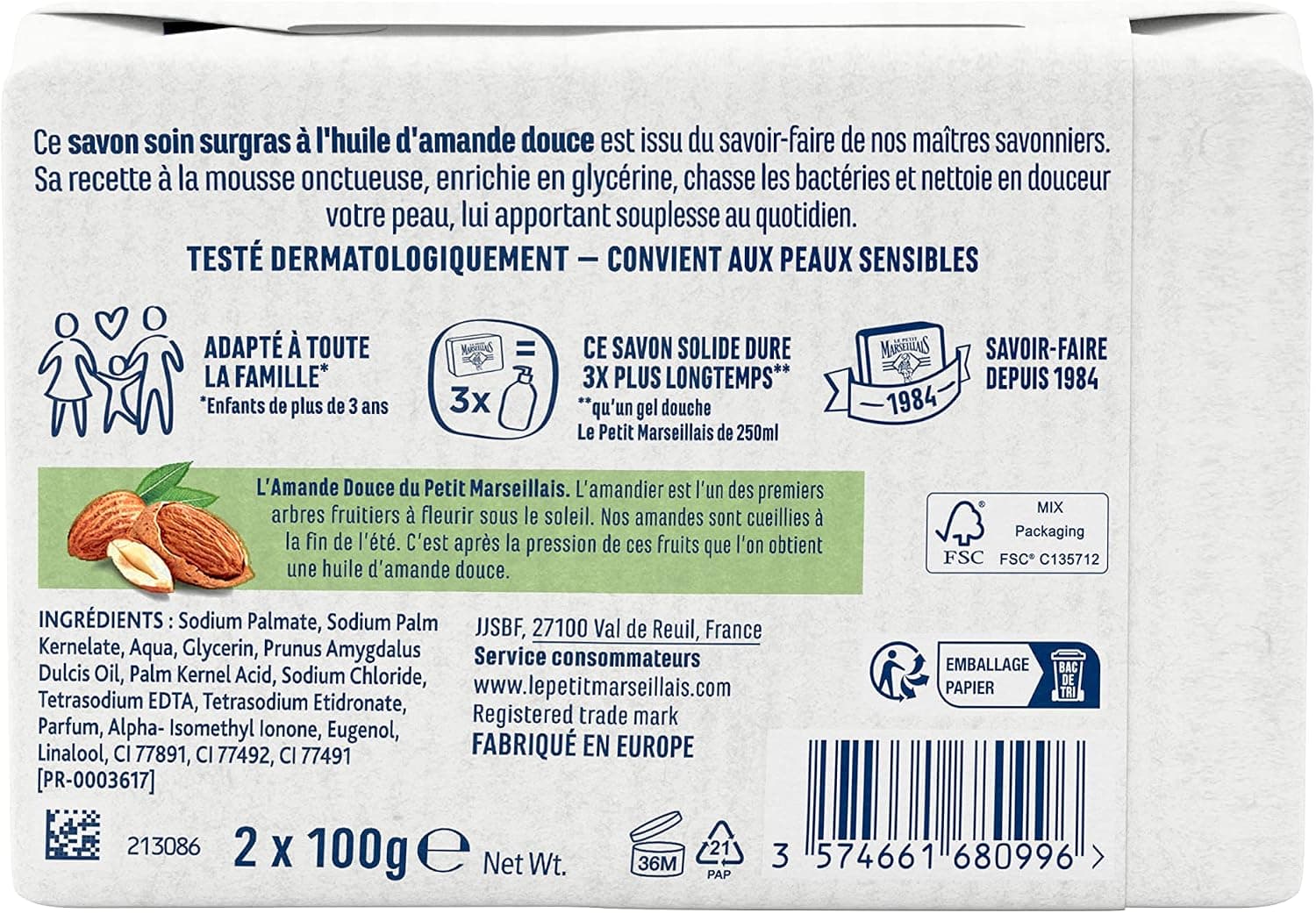 Le Petit Marseillais Savon Solide Soin Surgras Huile d'Amande Douce 2x100g