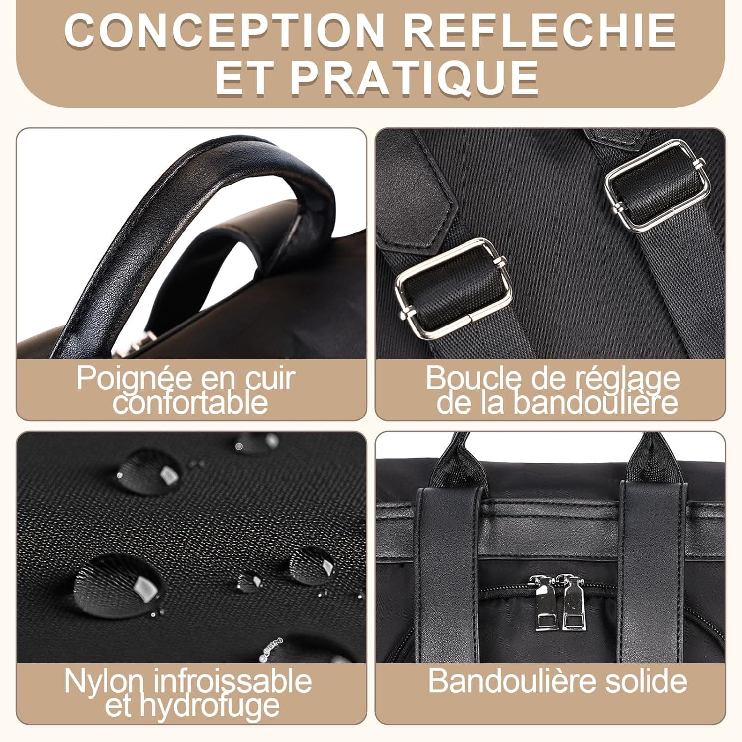Eshow Sac à Dos Femme Antivol, Sacs à Main Portés Dos Femme, Petit Sac Bandoulière Fort Backpack Loisirs Casual Léger pour Voyage L'école Travail Université Collège Shopping Noir