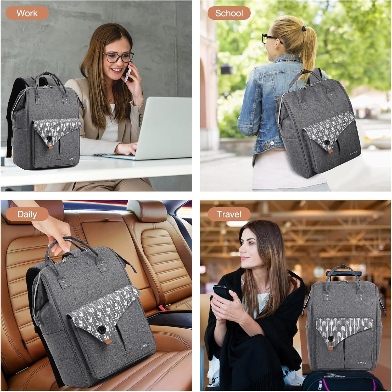 Lekesky Sac à Dos Ordinateur Portable Femme 15.6 Pouces, Elegant Antivol Imperméable Sac a Dos PC Portable pour College Loisir Voyage Affaires, Gris/Noir
