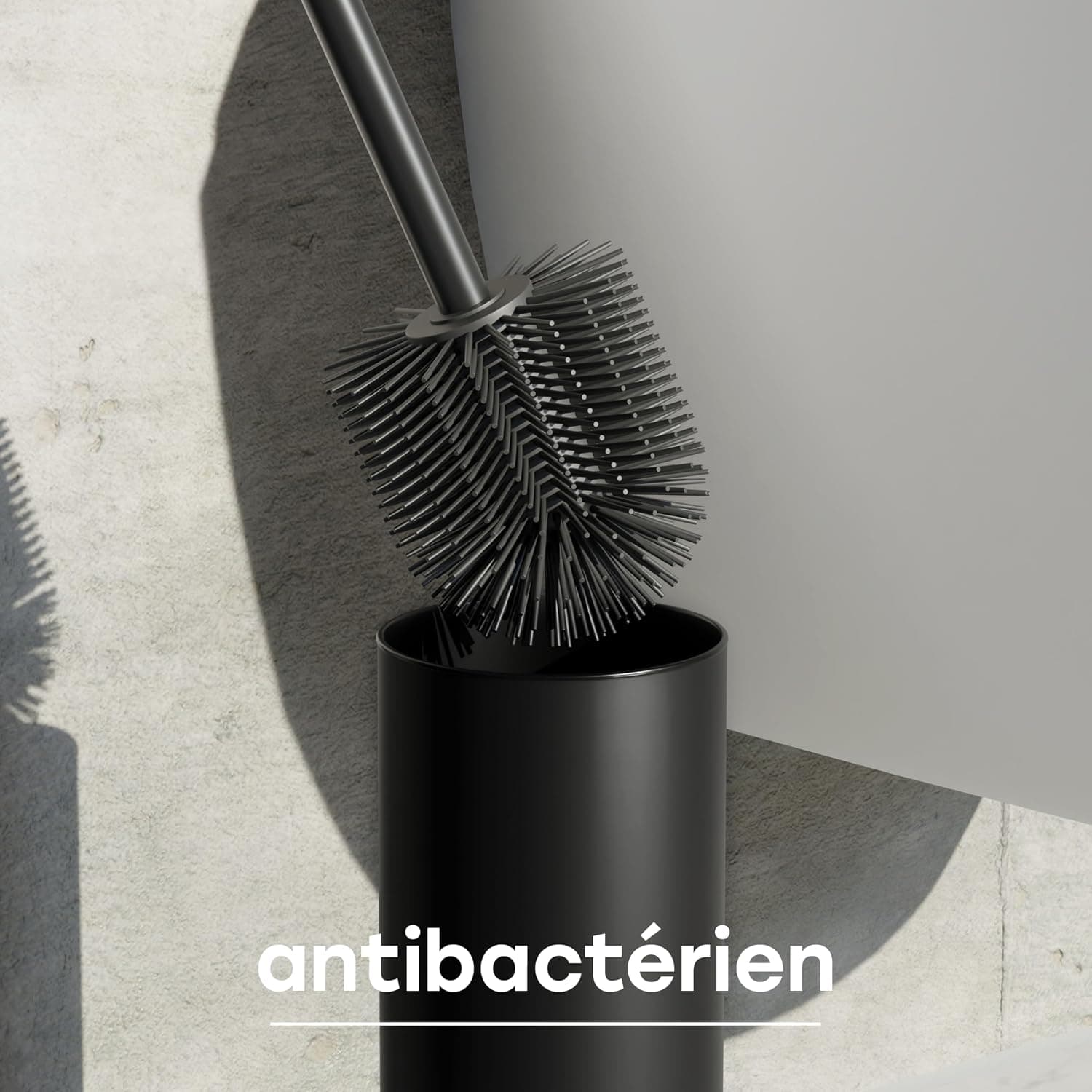 SAVEGA Brosse WC en Acier Inoxydable et Silicone - Support Discret et qualité supérieure avec Protection Anti-éclaboussures - Porte-Brosse antibactérien (Noire)