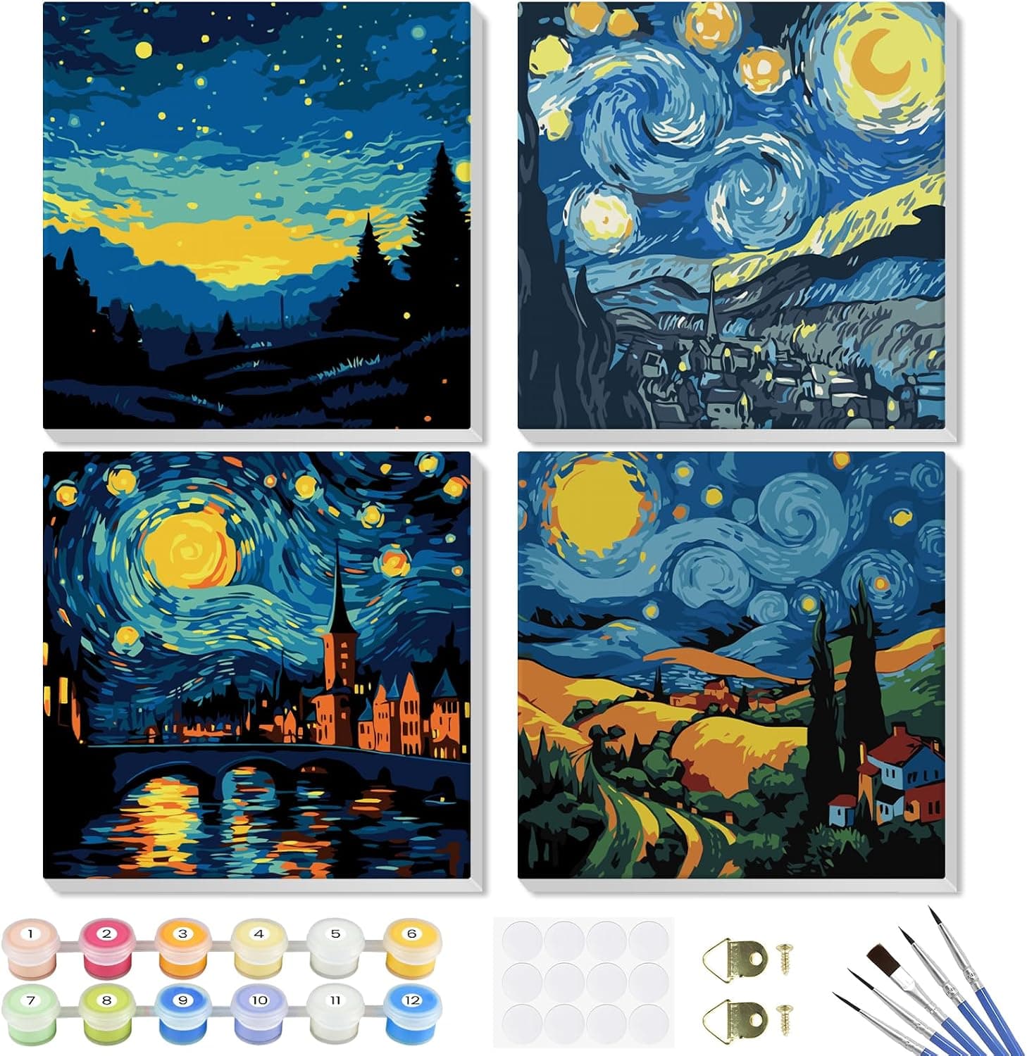GHHKUD 4 Pack Paysage Peinture à Numéros Enfants Adultes Débutants, DIY Peinture Acrylique pour Adultes Enfants débutants Facile sur Toile avec peintures et pinceaux, Kits de Loisirs Créatifs 20×20cm