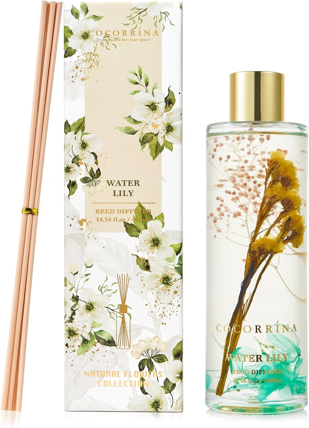 COCORRÍNA Diffuseur Parfum Maison, Nénuphar 430ml avec 8 bâtonnets Parfum de Maison pour Salle de Bain Chambre à Coucher Décoration d'intérieur