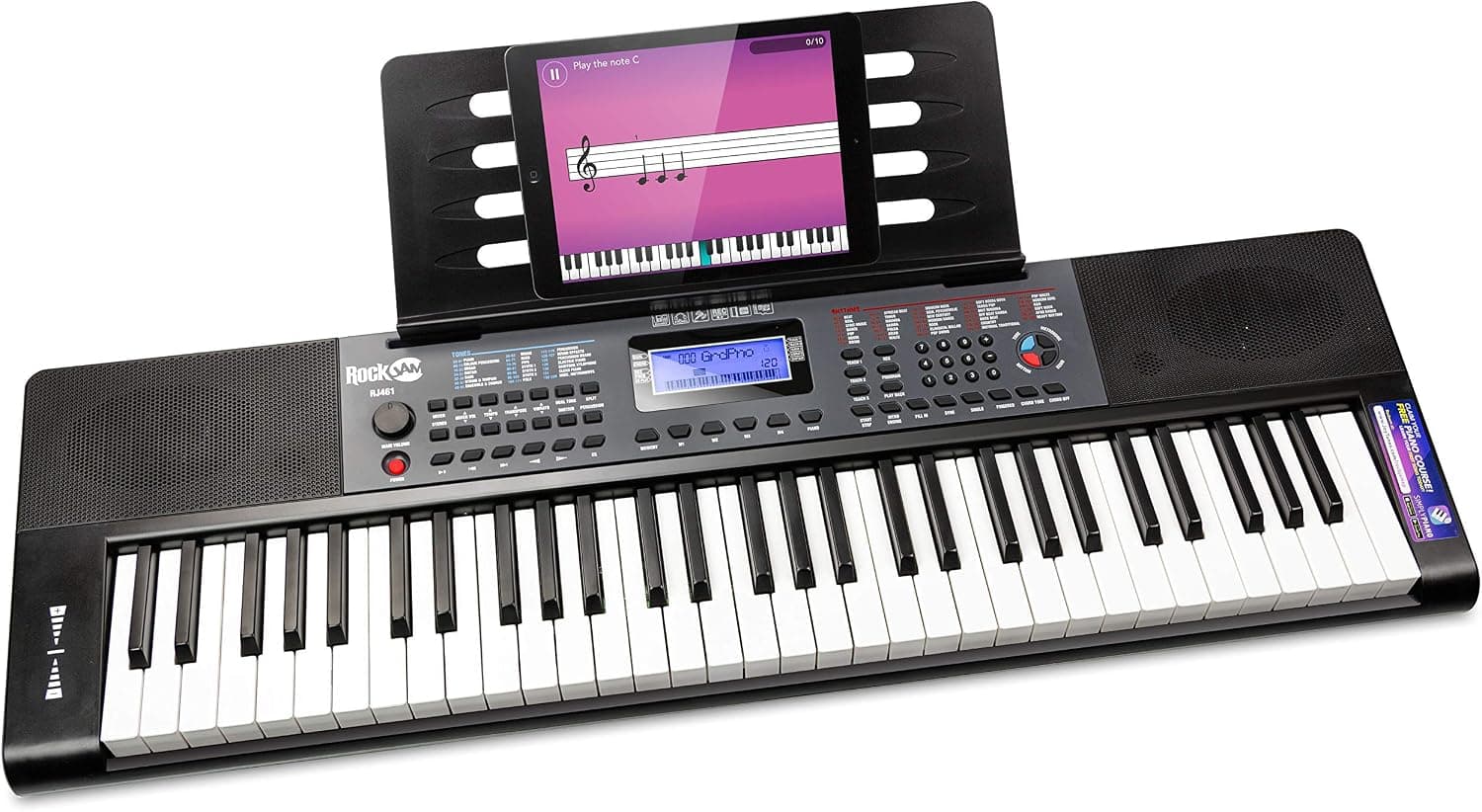 RockJam RJ461 Clavier Piano 61 Touches avec Pitch Bend pour Débutants | Synthétiseur débutant portable avec pitch bend, 300 sons, autocollants de notes et cours pour enfants et adultes