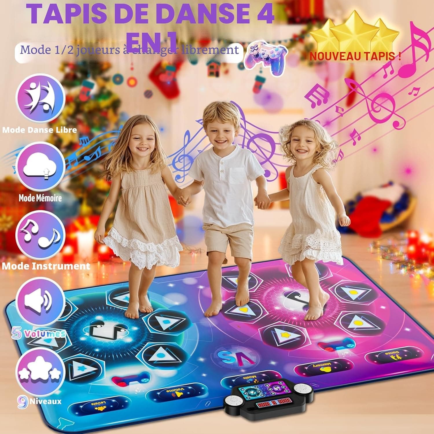Tapis de danse pour deux utilisateurs, électronique, mode solo et mode deux joueurs, tapis de jeu, avec boîtier de batterie LED, jouet, cadeau d'anniversaire pour filles et garçons de 3 à 12 ans