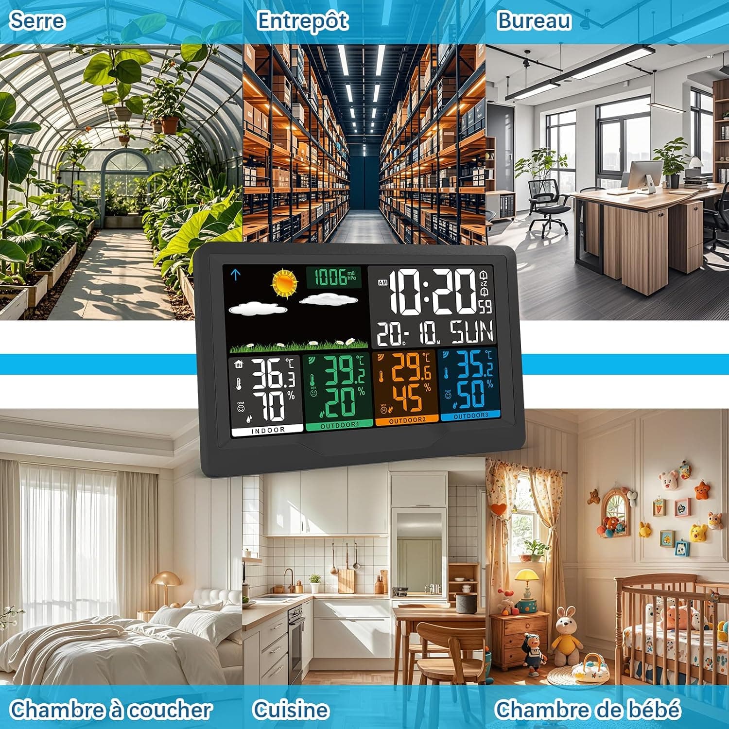 Station Meteo Interieur Exterieur Sans Fil avec 3 Capteurs, Écran Couleur, Station Météo avec Baromètres, Prévisions Météorologiques, Thermomètre Hygromètre, Affichage Température et Humidité, Réveil