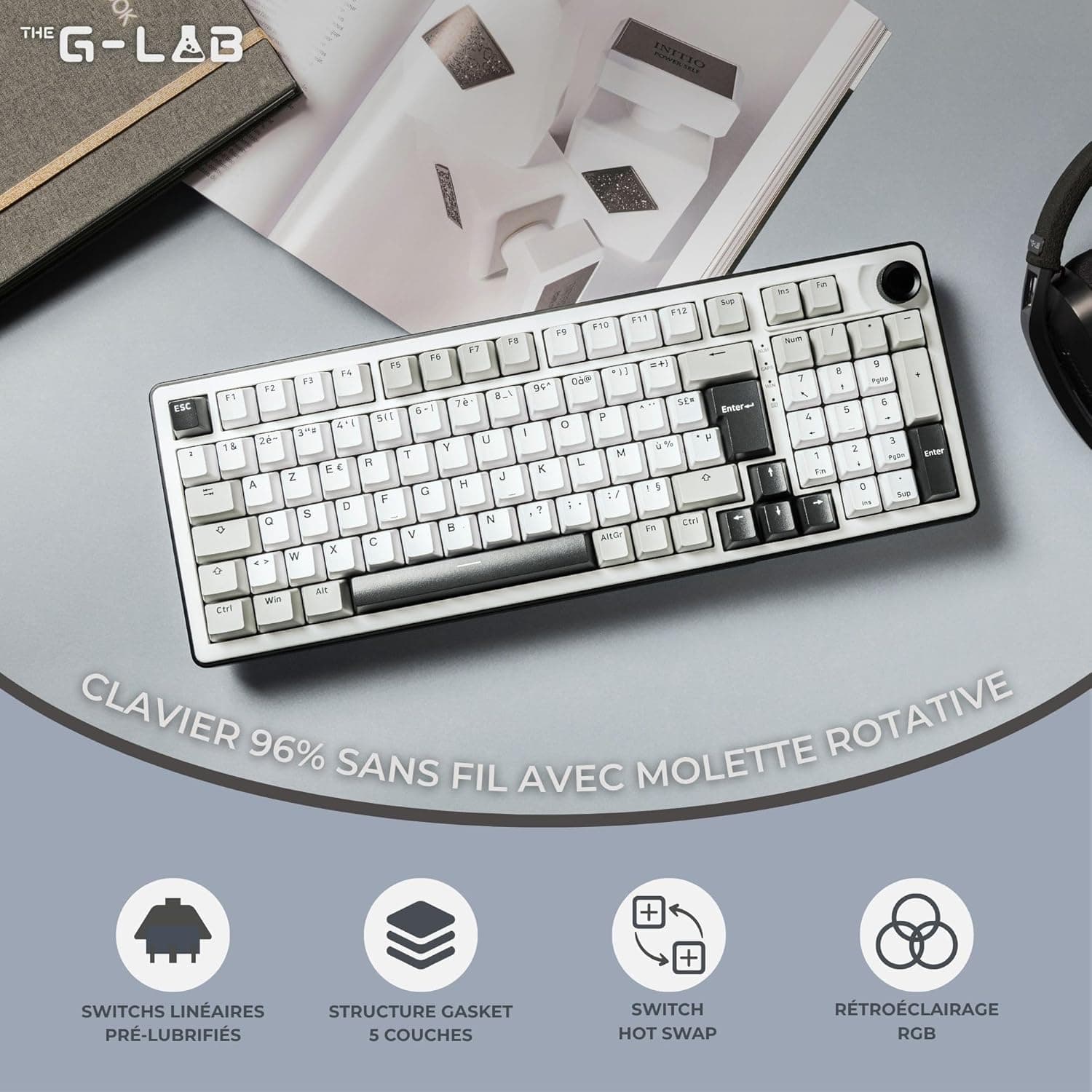 The G-Lab Keyz Elite 400 WG - Clavier Gamer sans Fil Mécanique AZERTY FR | Sans Fil Tri Mode 2.4GHz/Bluetooth/Filaire, Switch Mécanique Hot Swap Pré-lubrifiés, Gasket 5 Couches, RGB