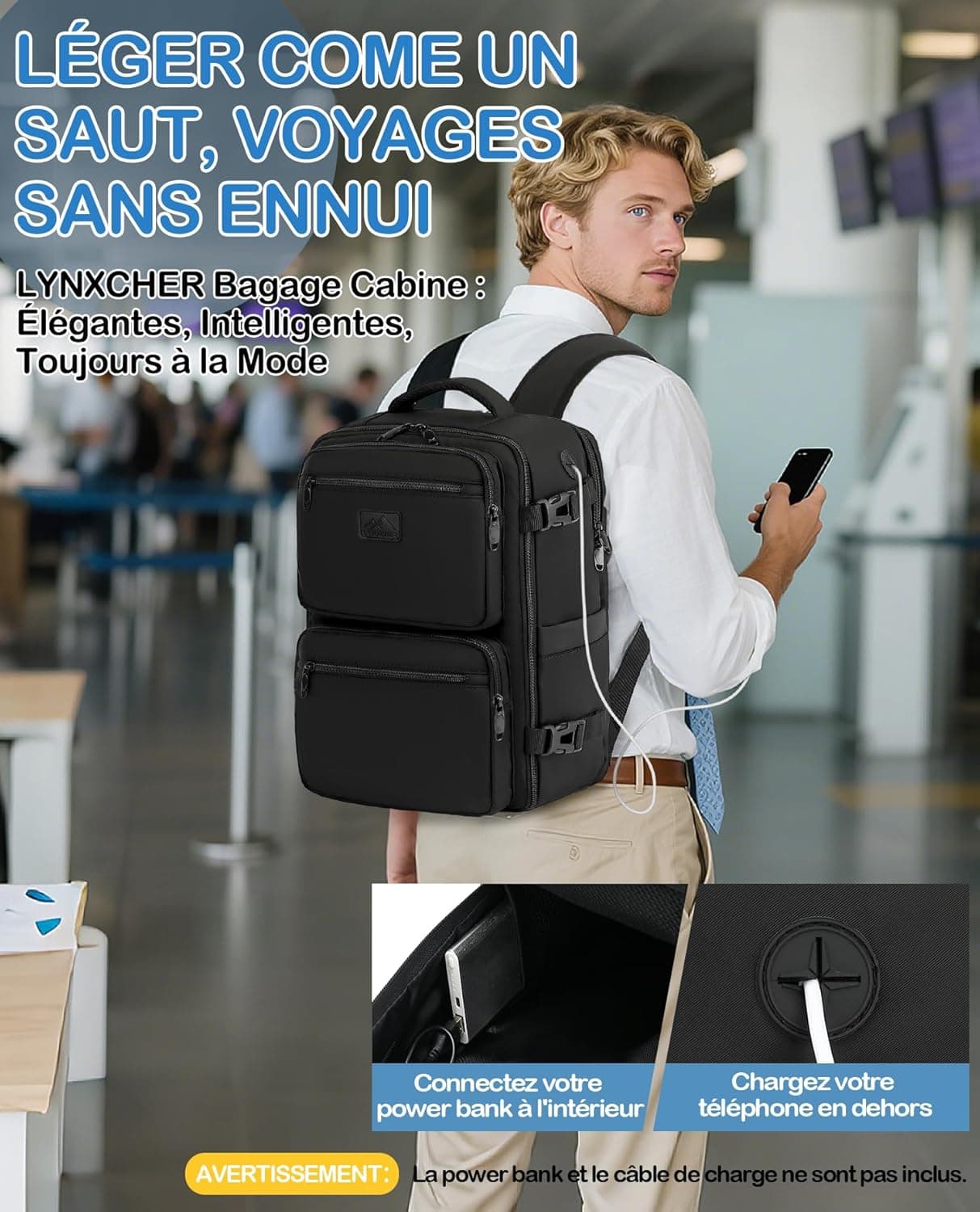 Bagage Cabine 45x36x20 pour Easyjet Sac a Dos Voyage Cabine Avion Sac à Dos Voyage 30 L Bagage à Main pour Femme Homme Ordinateur Portable 15.6 Pouces(Noir,M)