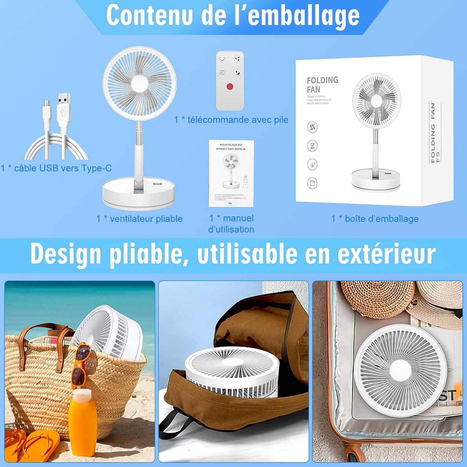 Ventilateur sur Pied Oscillant Silencieux avec Télécommande - 8.6'' Pliable | 8000mAh USB Rechargeable Portable Sol/Table Ventilateurs 4 Vitesses/Timer, Piédestal Fan pour Chambre Bureau Camping Voyage