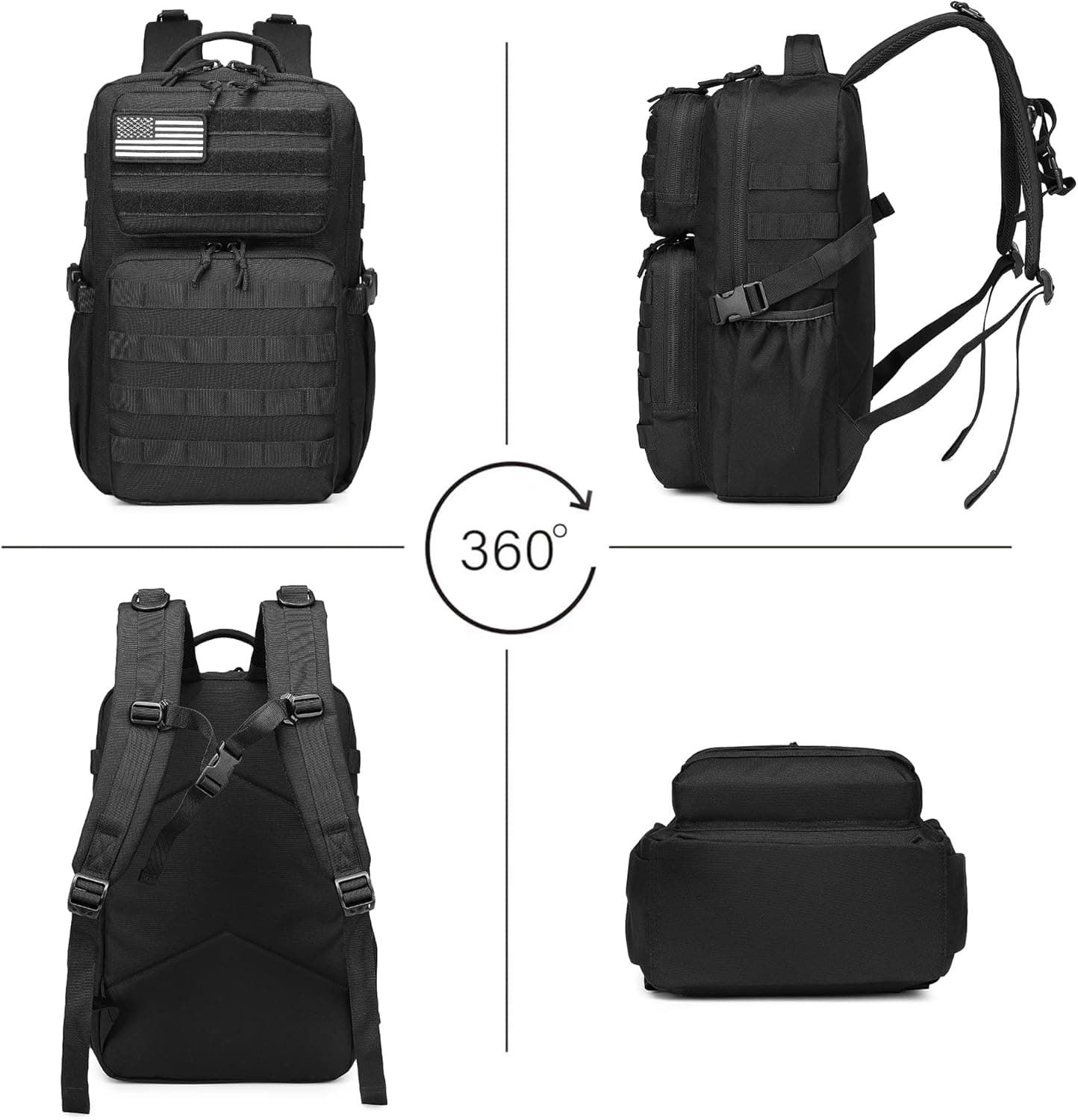 Sac à dos tactique militaire pour homme - Étanche - Sac d'assaut de 3 jours - Sac Molle avec porte-bouteille d'eau, Noir , 25L
