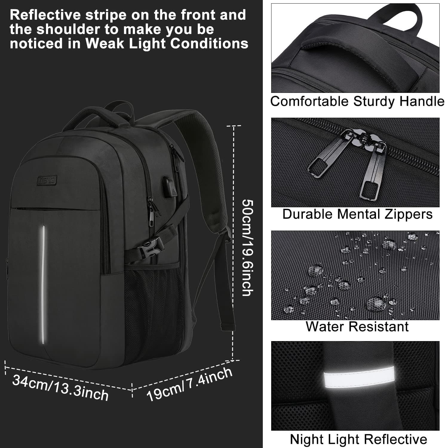 Sac à Dos Ordinateur Portable 17.3 Pouces,50L Sac à Dos de Voyage Grande Homme Femme Antivol Imperméable avec USB Charging Port PC Portable pour Loisir, Scolaire,Affaire Noir