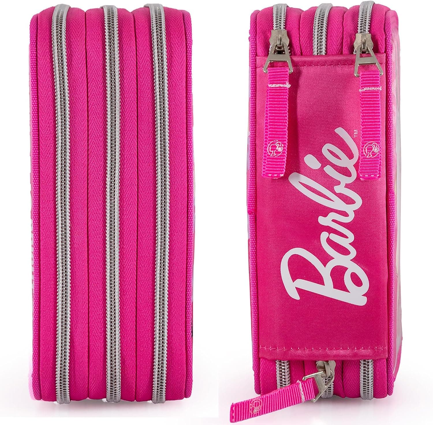 Clondo Trousse Triple Remplie pour Fille, pour Barbie Fans, 45 Accessoires Scolaires, 3 Fermetures Éclair, Compartiments Organisés, Crayons de Couleur, Feutres, Colle, Ciseaux