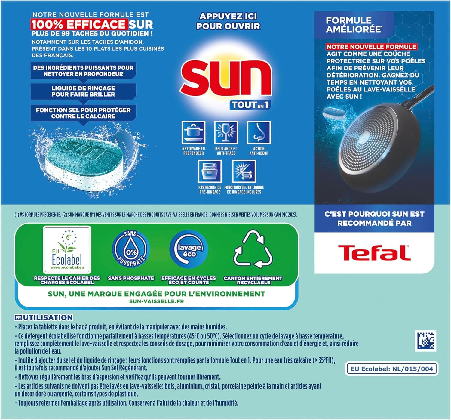 SUN - pastilles lave-vaisselle Tout en 1 Hygiène - 46 tablettes - avec 85% d'ingrédients d'origine naturelle - 100% efficace sur + de 99 taches