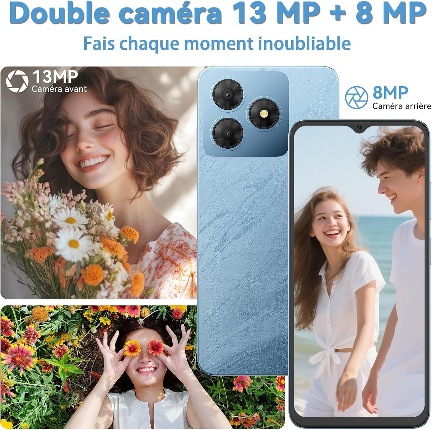 Telephone Portable Android, 6Go+64Go/TF 2To, Octa Core, Écran 6.56" HD+, Batterie 5000mAh Smartphone, 13MP+8MP, Smartphone Pas Cher 4G Dual SIM, Face ID/GPS/3Ans De Garantie - Bleu