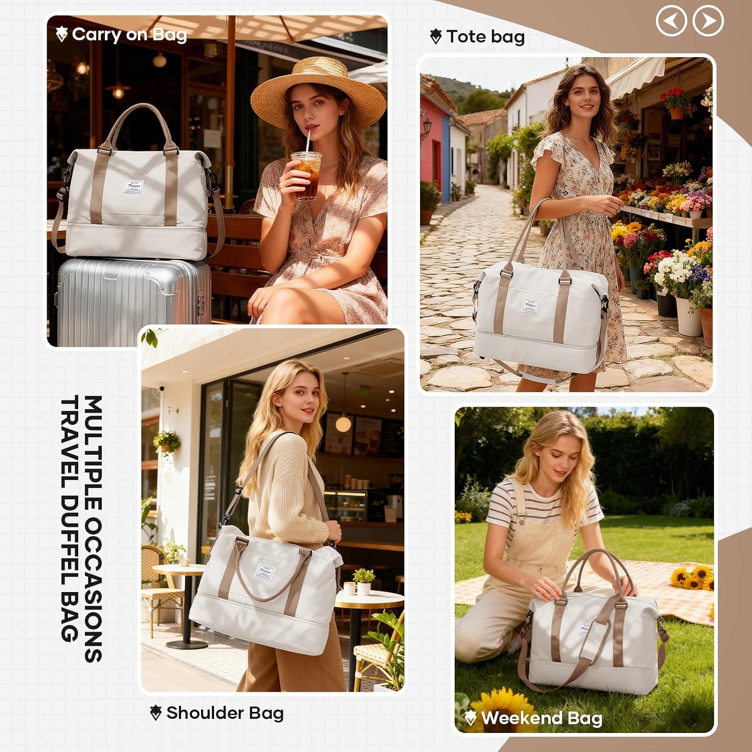 Sac de Voyage 45x36x20 pour Easyjet,Bagage à Main Léger, Sac fourre-Tout de Sport Imperméable pour Week-End avec Compartiment à Chaussures pour Travel Gym Danse,A01-Beige Marron