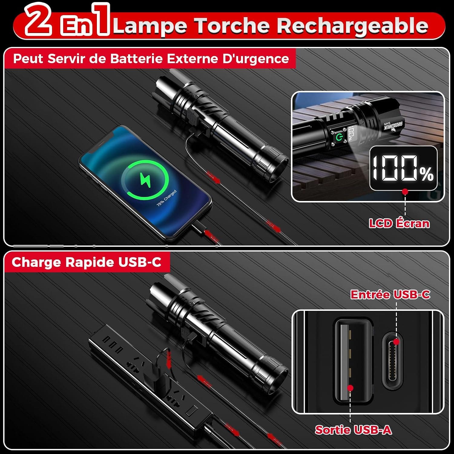 Shadowhawk Lampe Torche Led Ultra Puissante 24H Éclairag,2X5000mAh Batterie