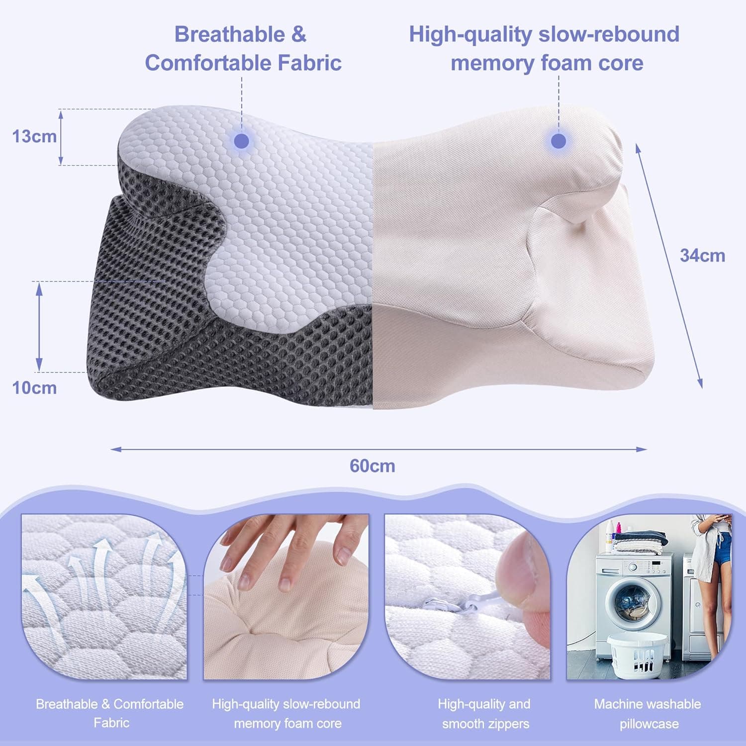 YunNasi Oreiller Ergonomique Cervical à Mémoire de Forme 60x34x13/10cm | Oreiller Orthopédique Cervicales Memory Foam pour Les Dormeurs sur Le Côté, Le Dos et Le Ventre Housse Déhoussable et Lavable