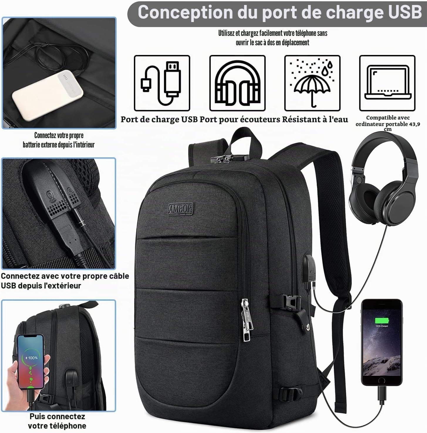 AMBOR 17.3'' Sac à Dos Portable,Sac a Dos Ordinateur avec USB Charging Port | Déperlant Sac a Dos Voyage Cabine, Sac a Dos Antivol Avion pour Homme avec Compartiment, Backpack pour les études les Vol