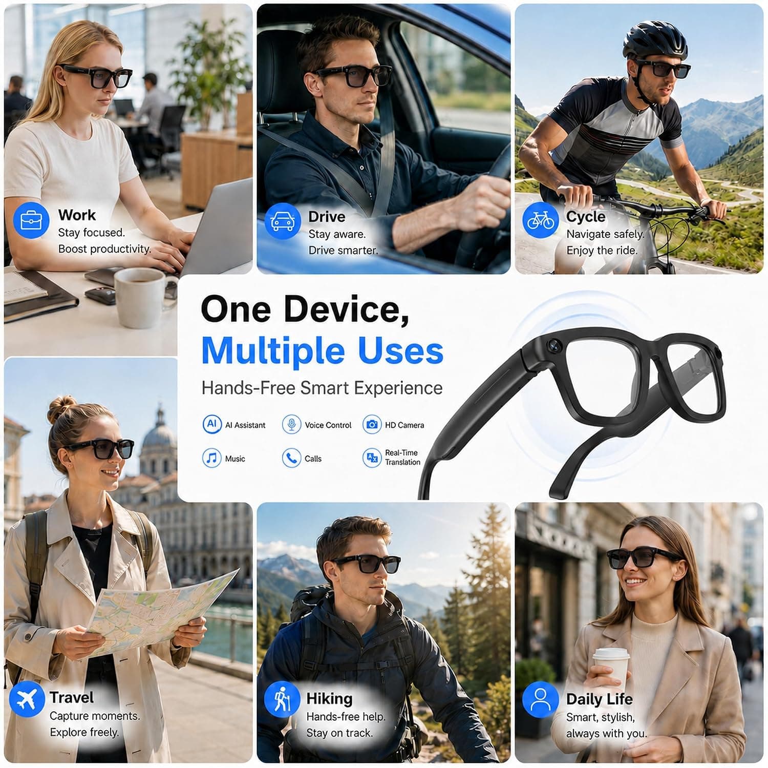 Lunettes Connectées IA Caméra 8MP Traduction en Temps Réel Assistant Vocal