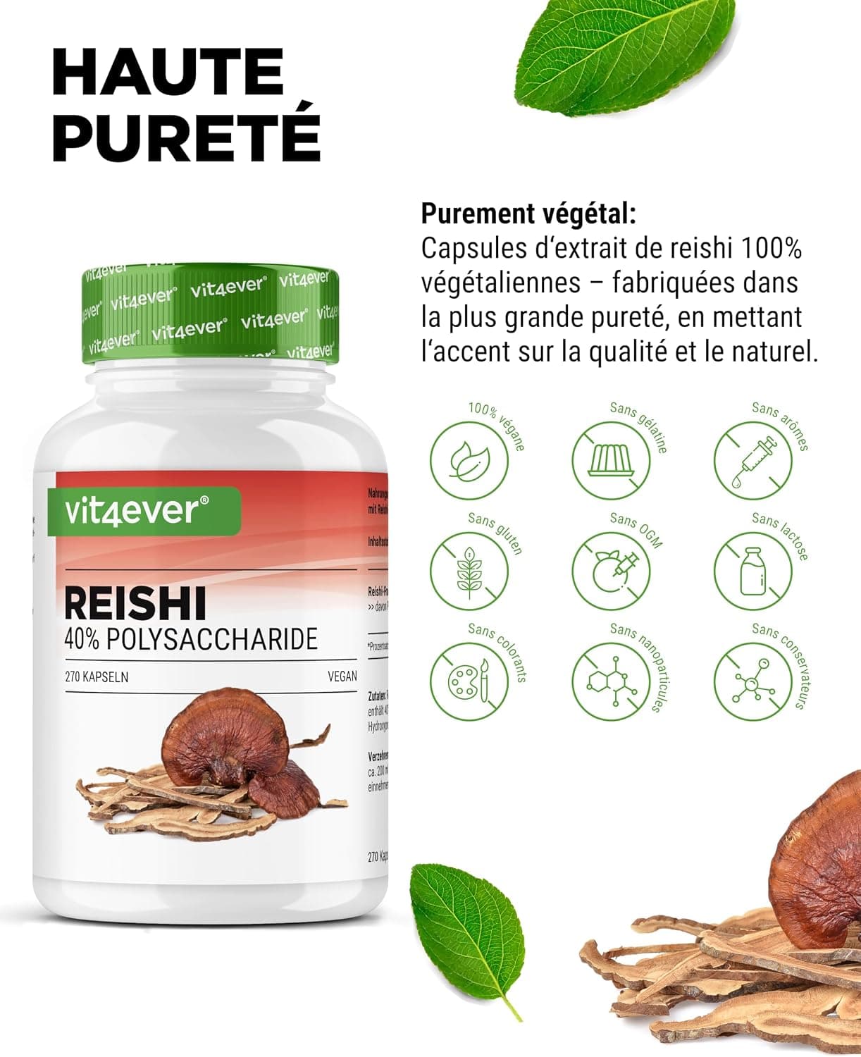 vit4ever Champignon Reishi - 270 Gélules - 1300 mg d’Extrait par jour