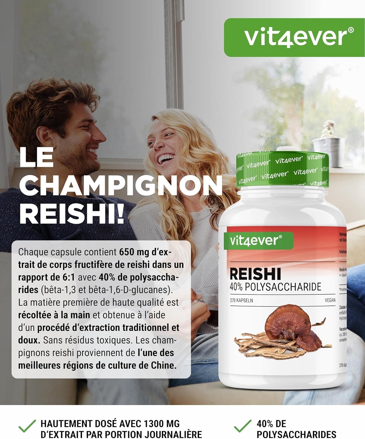 vit4ever Champignon Reishi - 270 Gélules - 1300 mg d’Extrait par jour