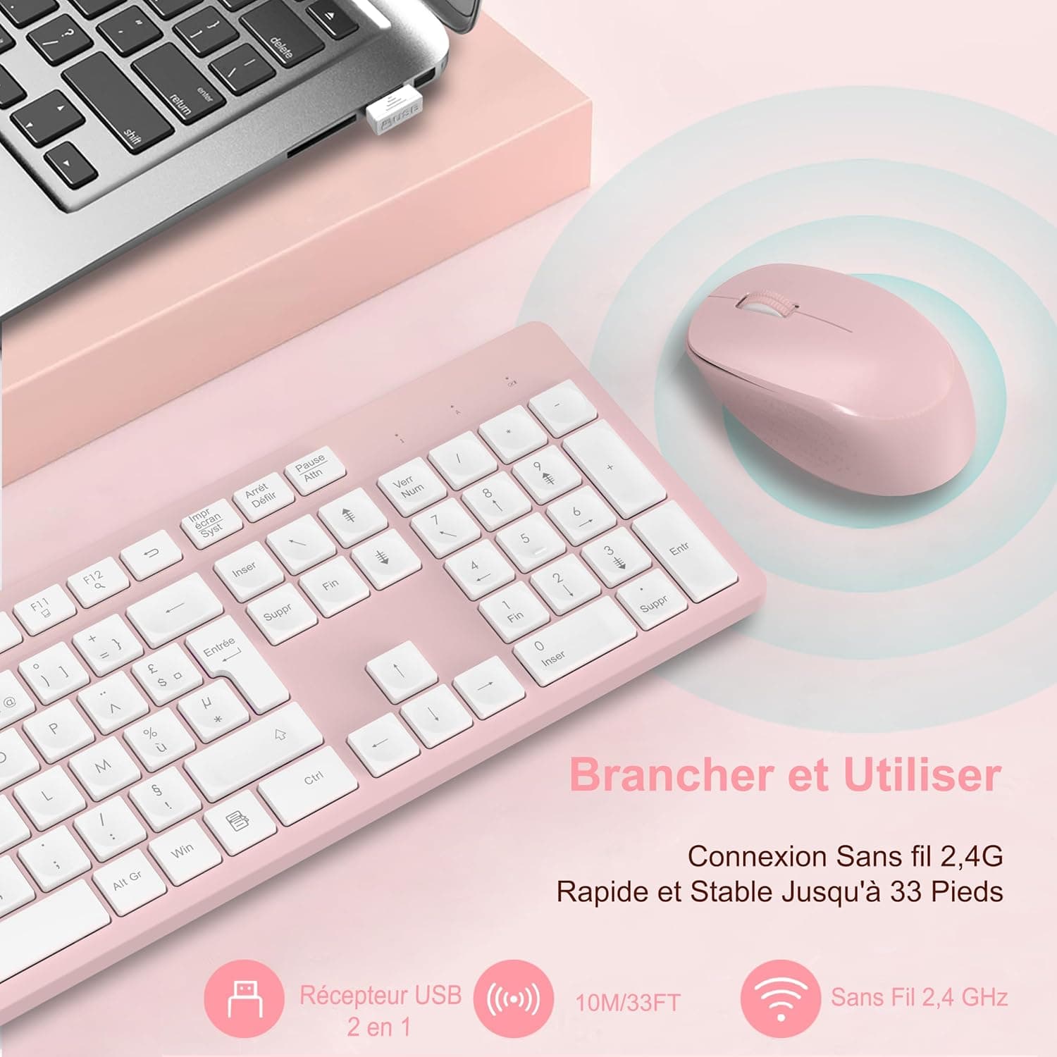 LeadsaiL Clavier Souris sans Fil, Ergonomique Ensemble Clavier de Souris Pleine Taille, 2,4 GHz avec Récepteur USB, 12 Boutons Programables pour PC, Portable, Windows, Mac AZERTY Français