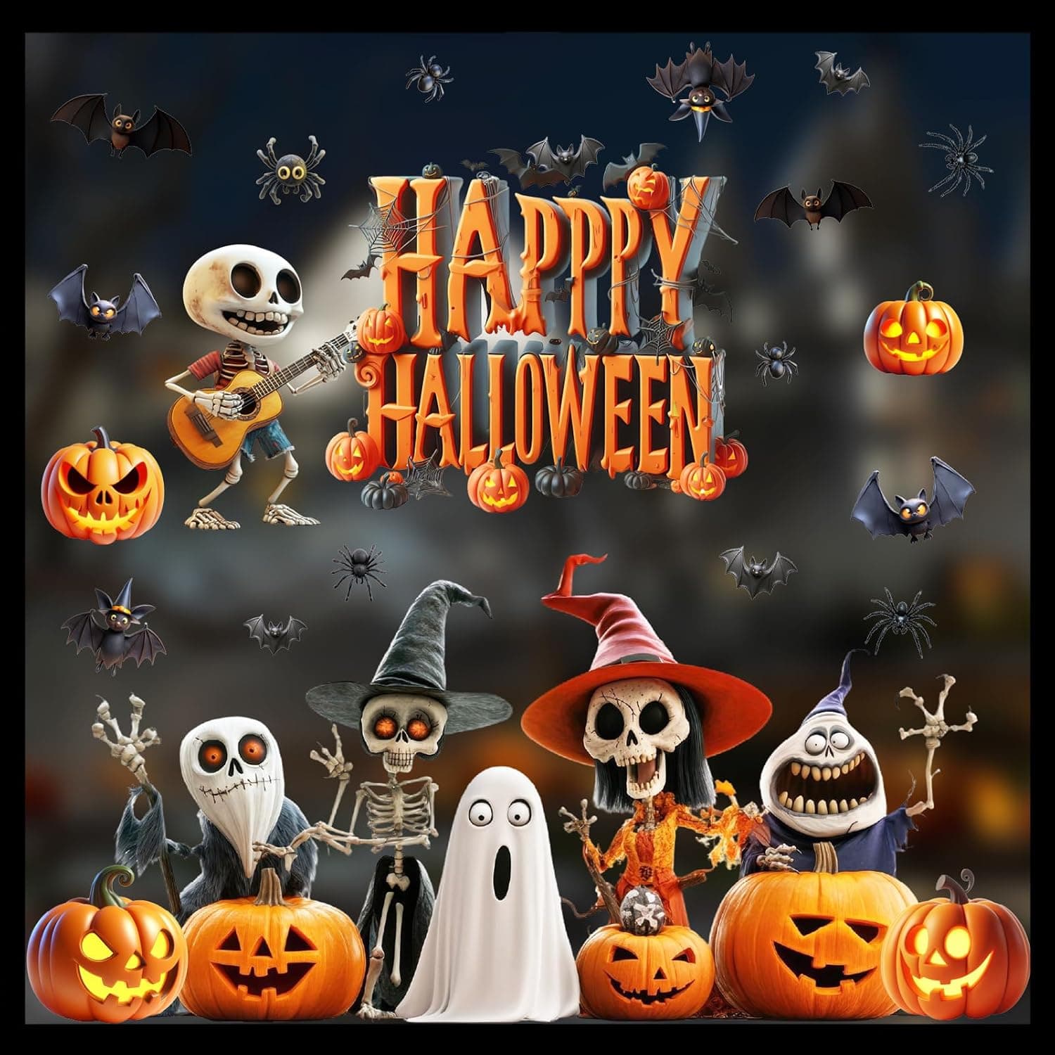 Zindoo Halloween Decoration Stickers Fenetre d'halloween 90x40cm 19 Pcs Autocollants de Fenêtre Impression Recto-Verso Autocollants Électrostatiques pour Fenêtres Portes Miroirs