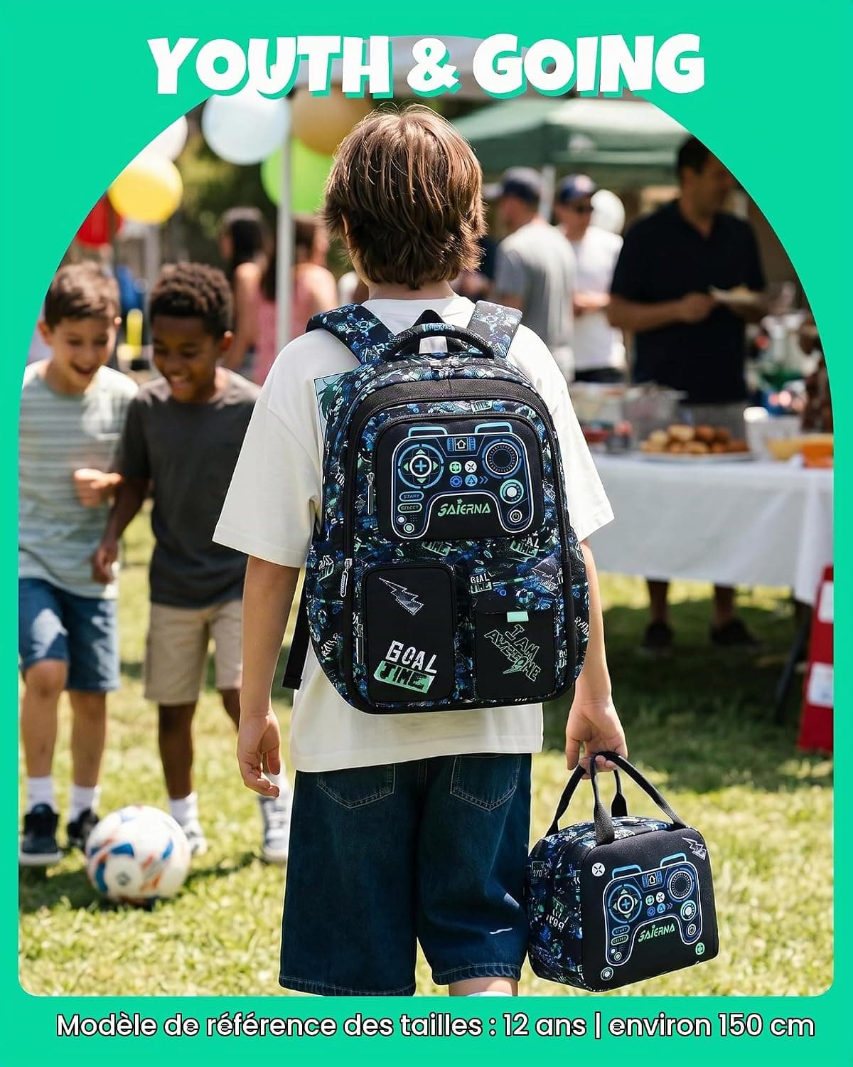 Amythe Cartable École Garçons Classes de 3 à 9 3 pièces Voyage Set, Noir | 3 pièces Grand Imperméable Bretelle Poitrine Compartiment Laptop Noir Daypack Multi-Poches Spacieux Robuste pour École