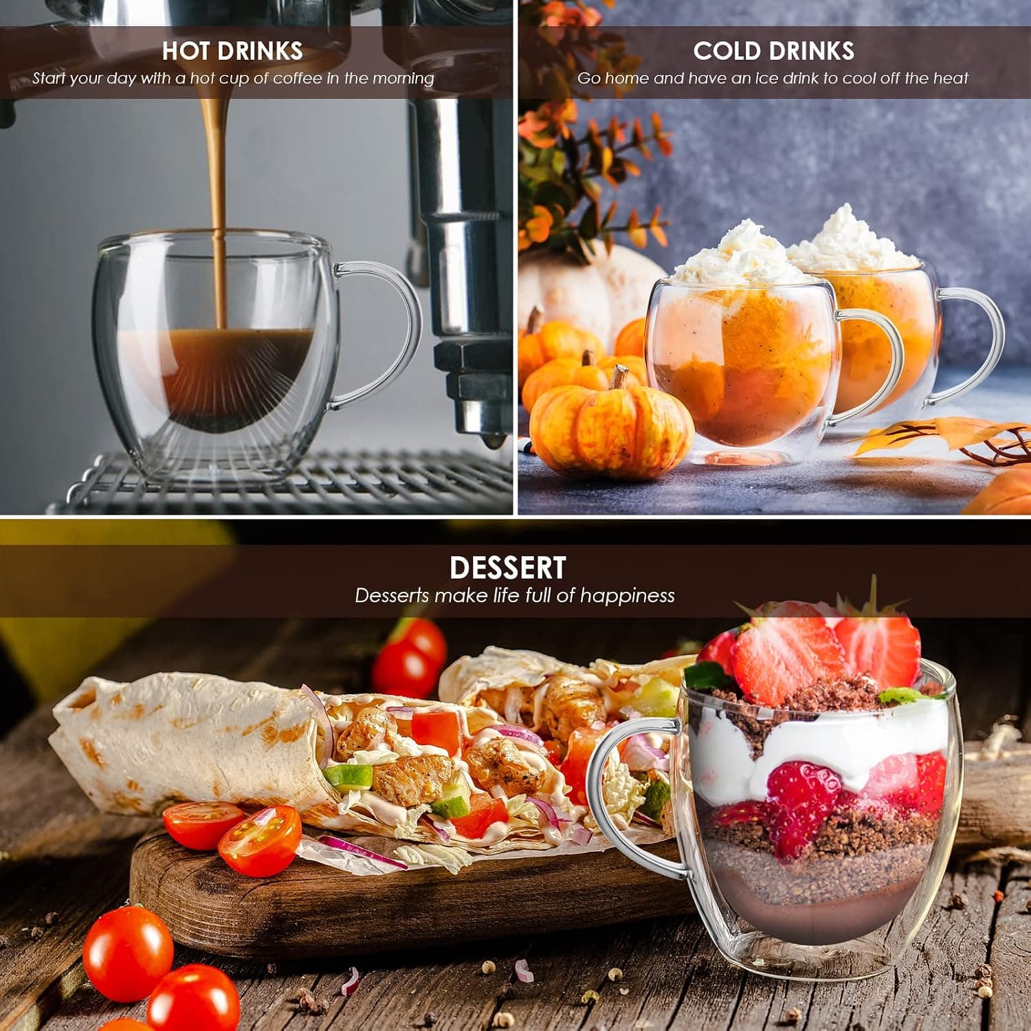 autumndeer Lot de 4 Tasse à Café Double Paroi en Verre à Café 250 ml - Résistants à la Chaleur (Lait, Cappuccino, Latte) - Empilables et Transparents - Idéaux pour Boissons Chaudes et Froides