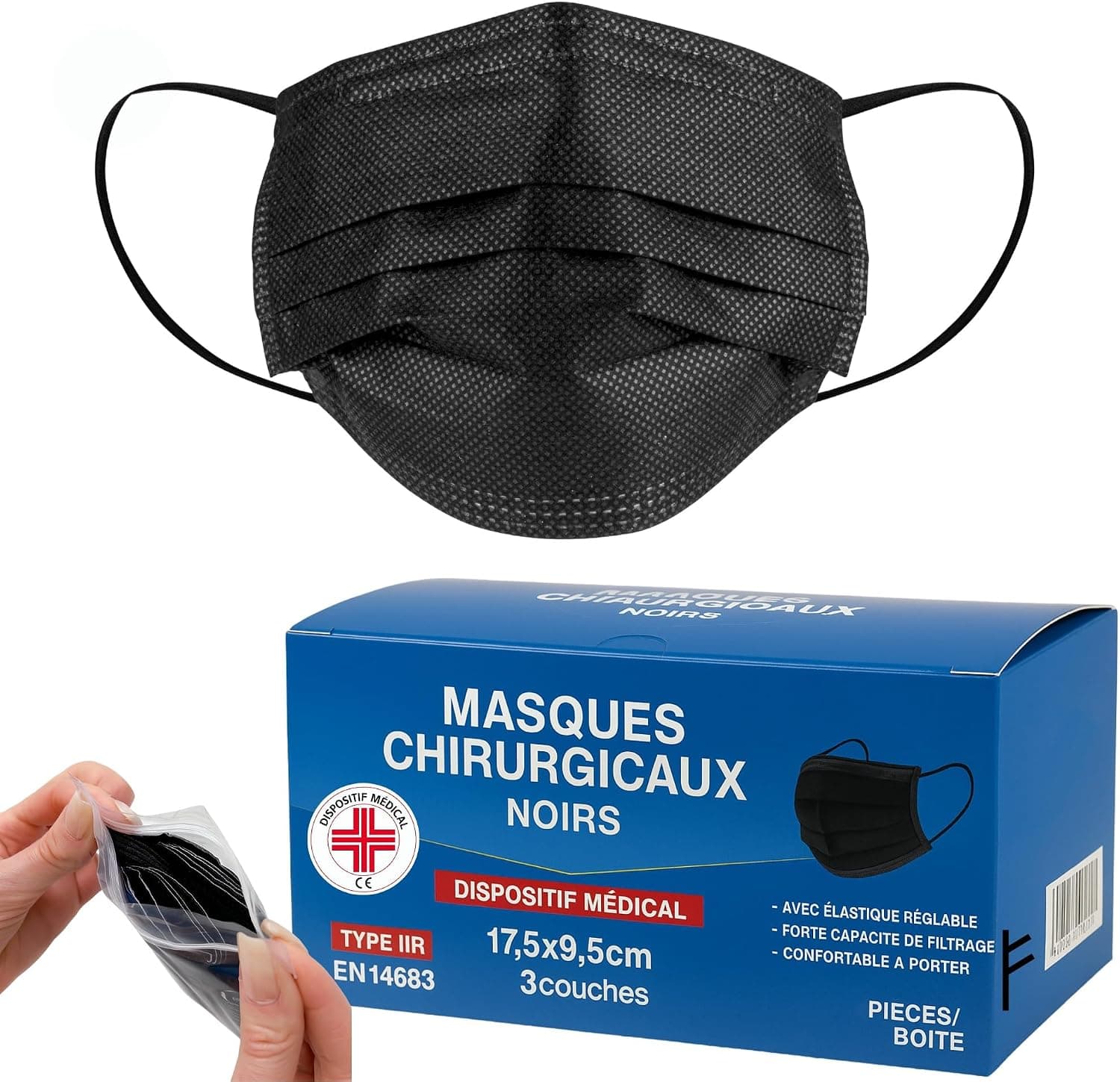 Stone&Stone Masques CHIRURGICAUX noir bleu certifiés CE Type IIR BFE ≥ 98% DISPOSITIF MÉDICAL 3 couches de protection chirurgical Ministère de la Santé + crochet économiseur d'oreille