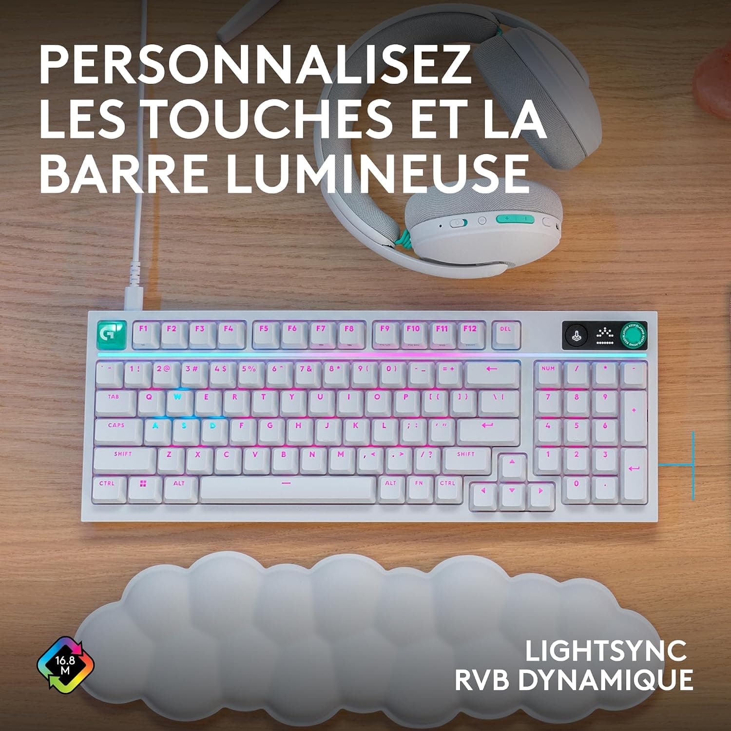 Logitech G G316 X 98, Clavier Gaming | 8 kHz, switchs tactiles hot-swap, structure joint, LED & molette, touches PBT, USB-C, RVB LIGHTSYNC, PC, FRA AZERTY - Blanc
