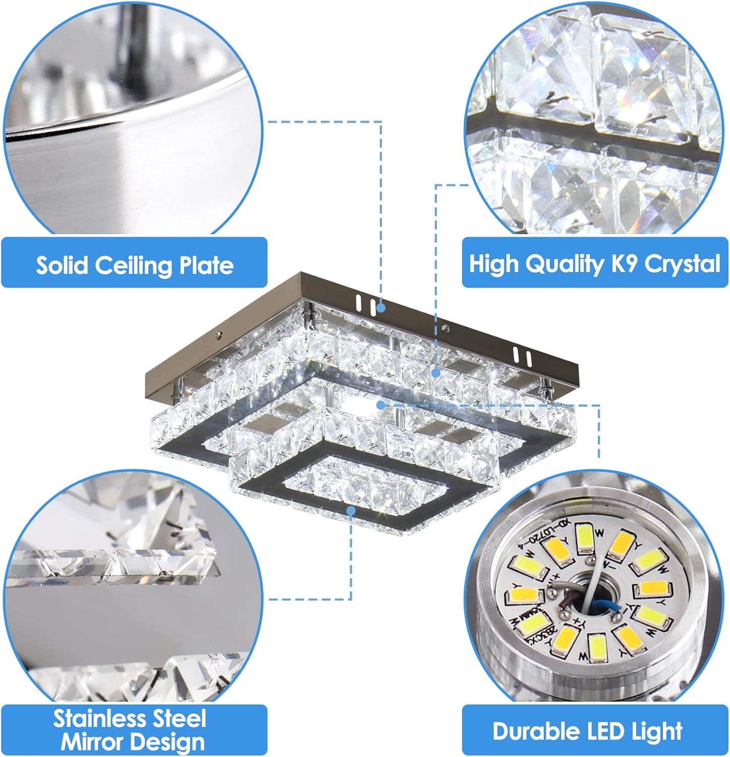 Finktonglan Plafonnier LED en cristal rectangulaire moderne – Lampe de plafond K9 en acier inoxydable, 24W intégré, blanc froid 6500K, pour salon, chambre, salle à manger